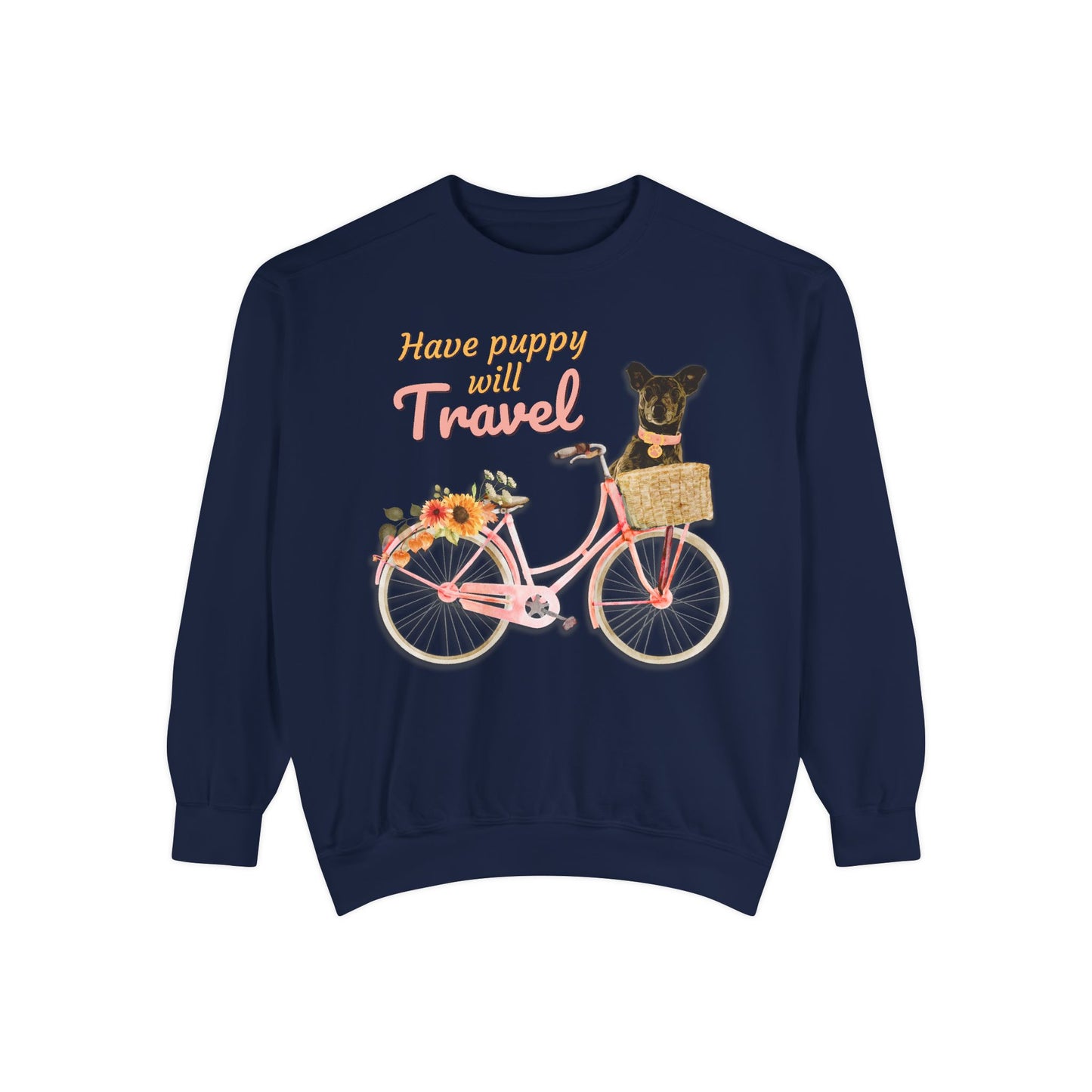 Cute FALL floral Have Puppy will Travel shirt with adorable puppy in Bicycle basket ready to go for a ride