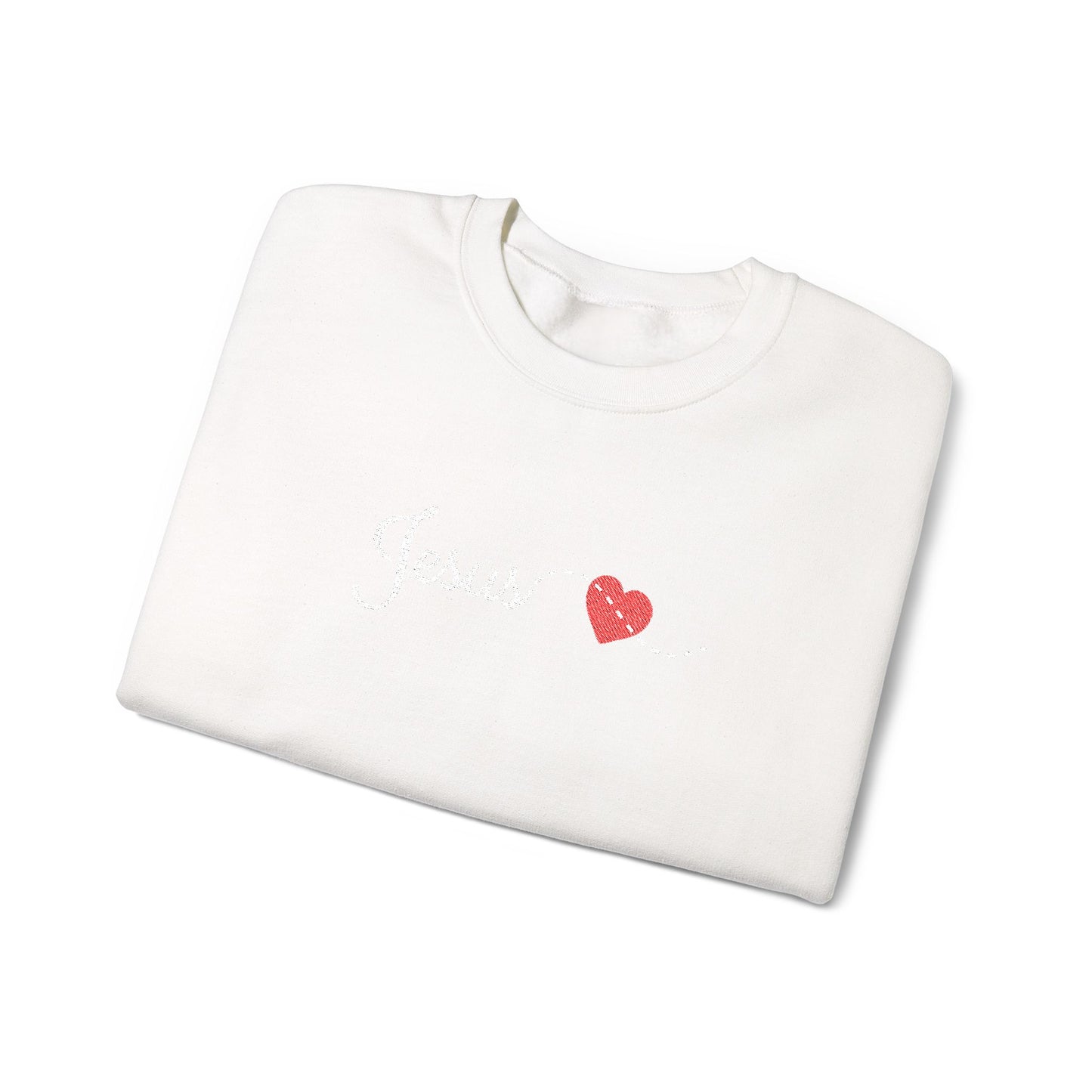 EMBROIDERY white Script Jesus with Stitched Heart – Embroidered soft Crewneck