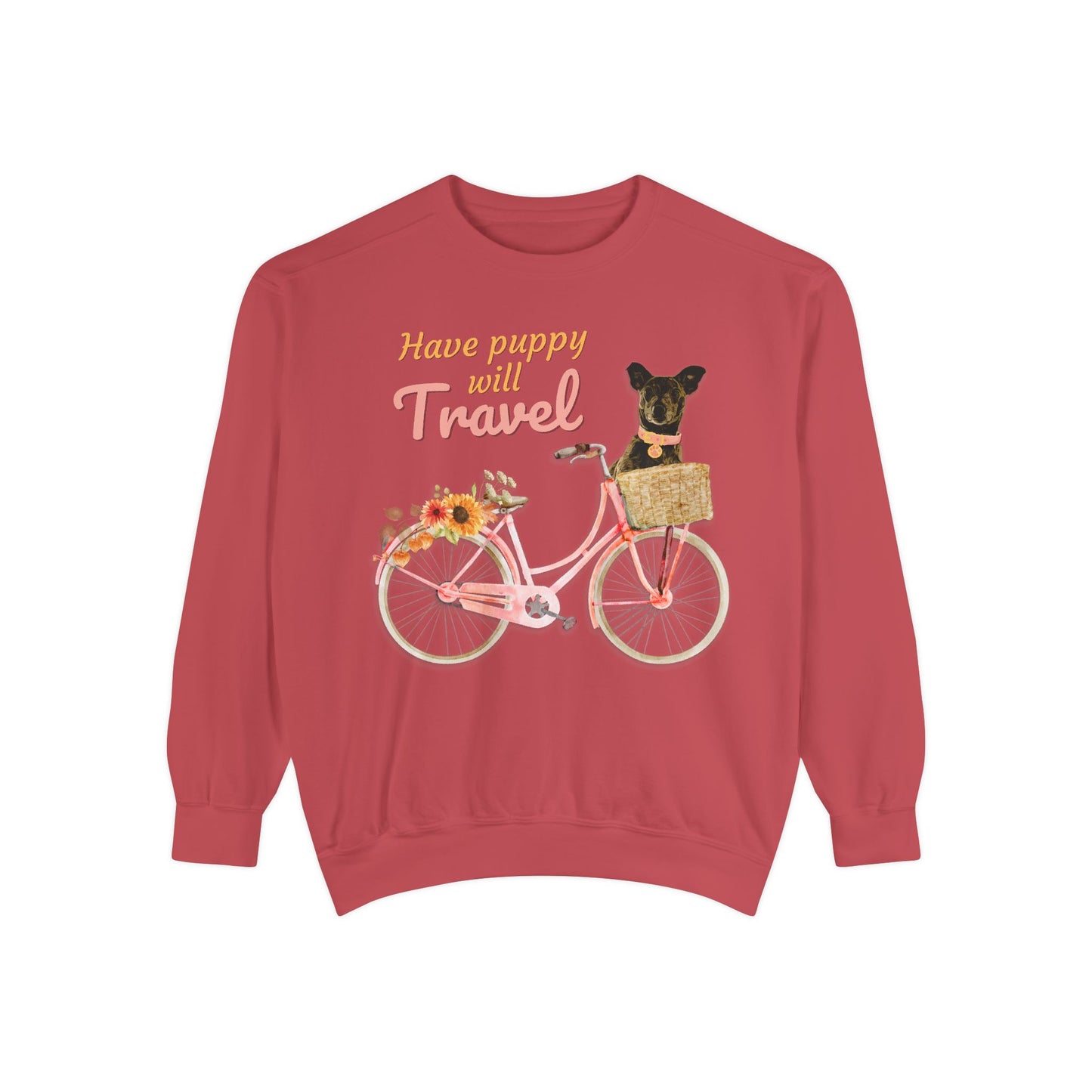 Cute FALL floral Have Puppy will Travel shirt with adorable puppy in Bicycle basket ready to go for a ride