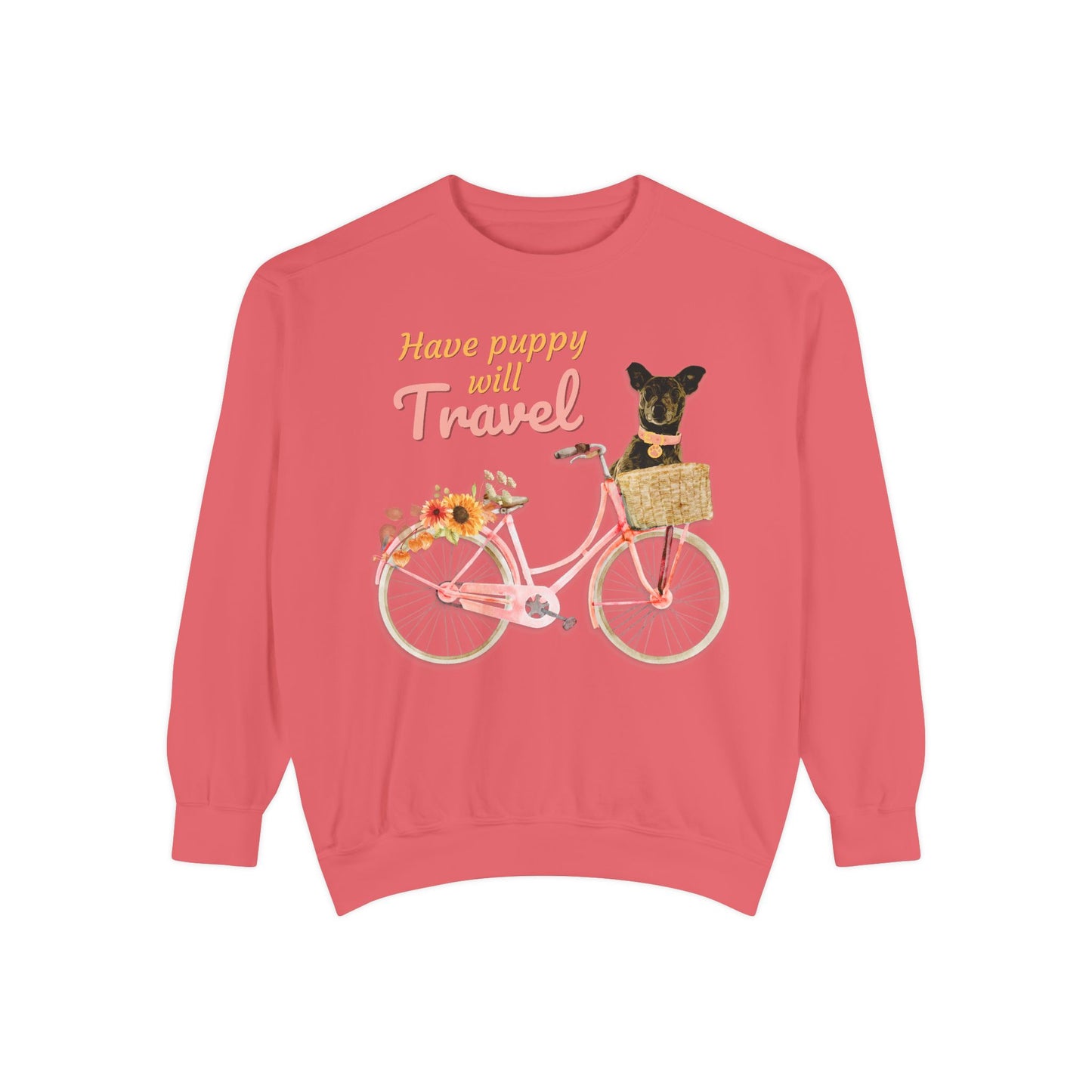 Cute FALL floral Have Puppy will Travel shirt with adorable puppy in Bicycle basket ready to go for a ride