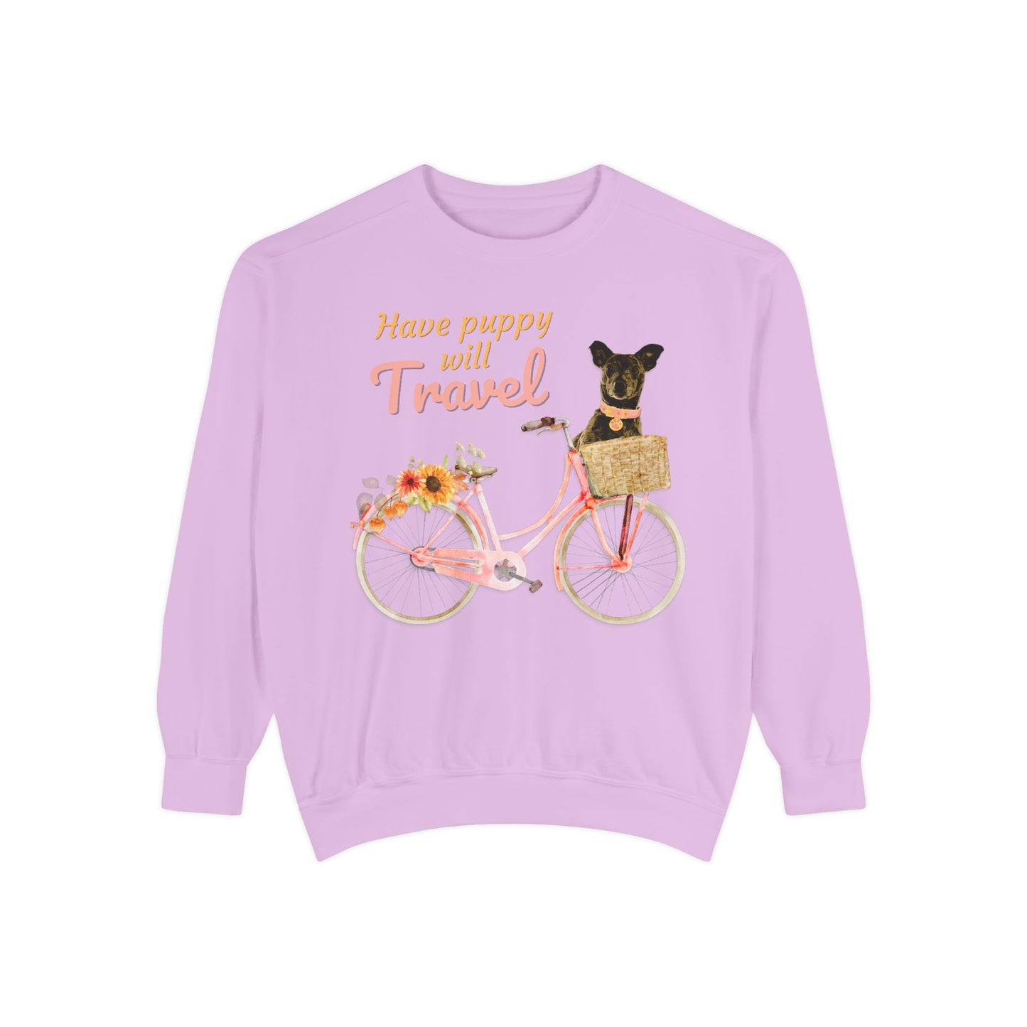 Cute FALL floral Have Puppy will Travel shirt with adorable puppy in Bicycle basket ready to go for a ride