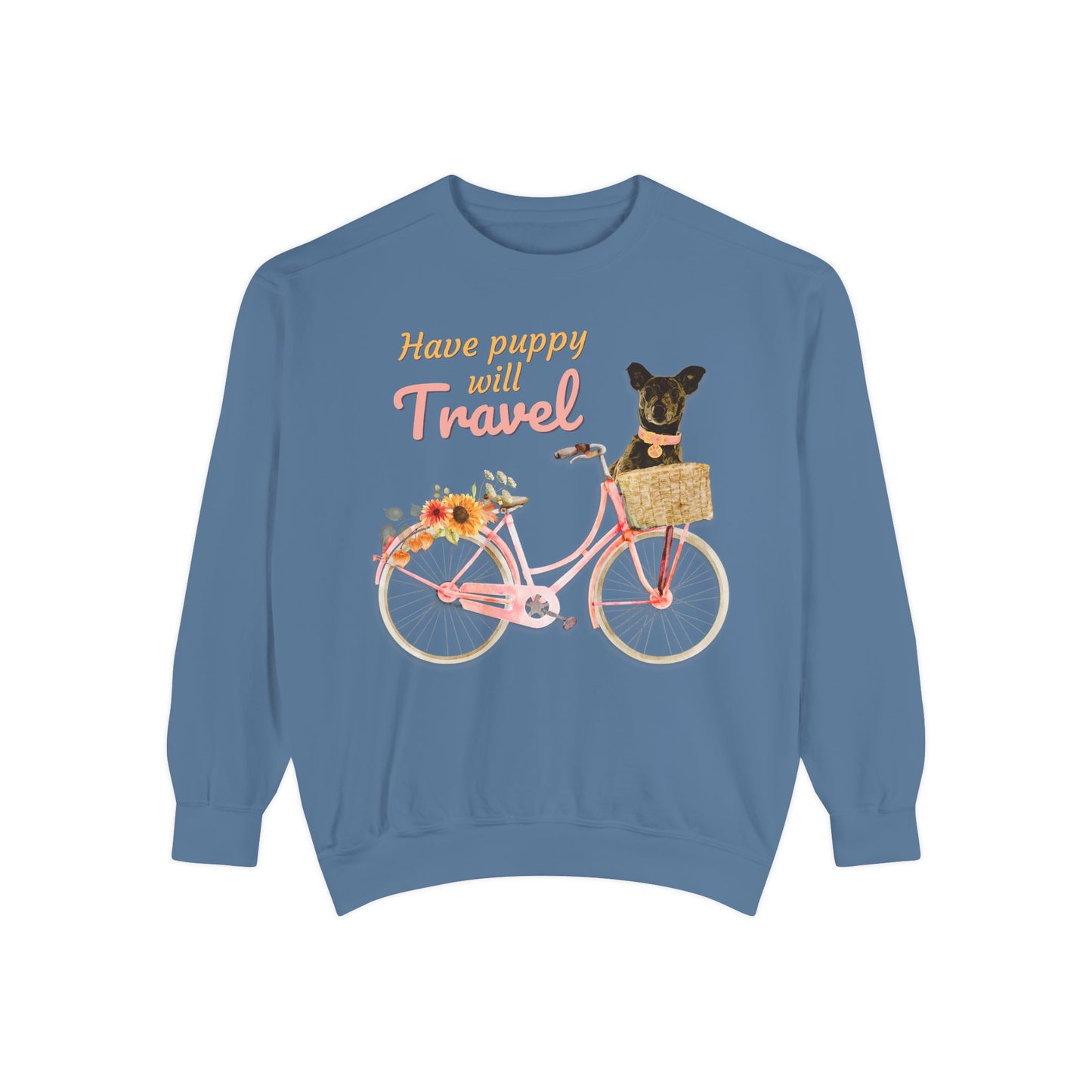 Cute FALL floral Have Puppy will Travel shirt with adorable puppy in Bicycle basket ready to go for a ride