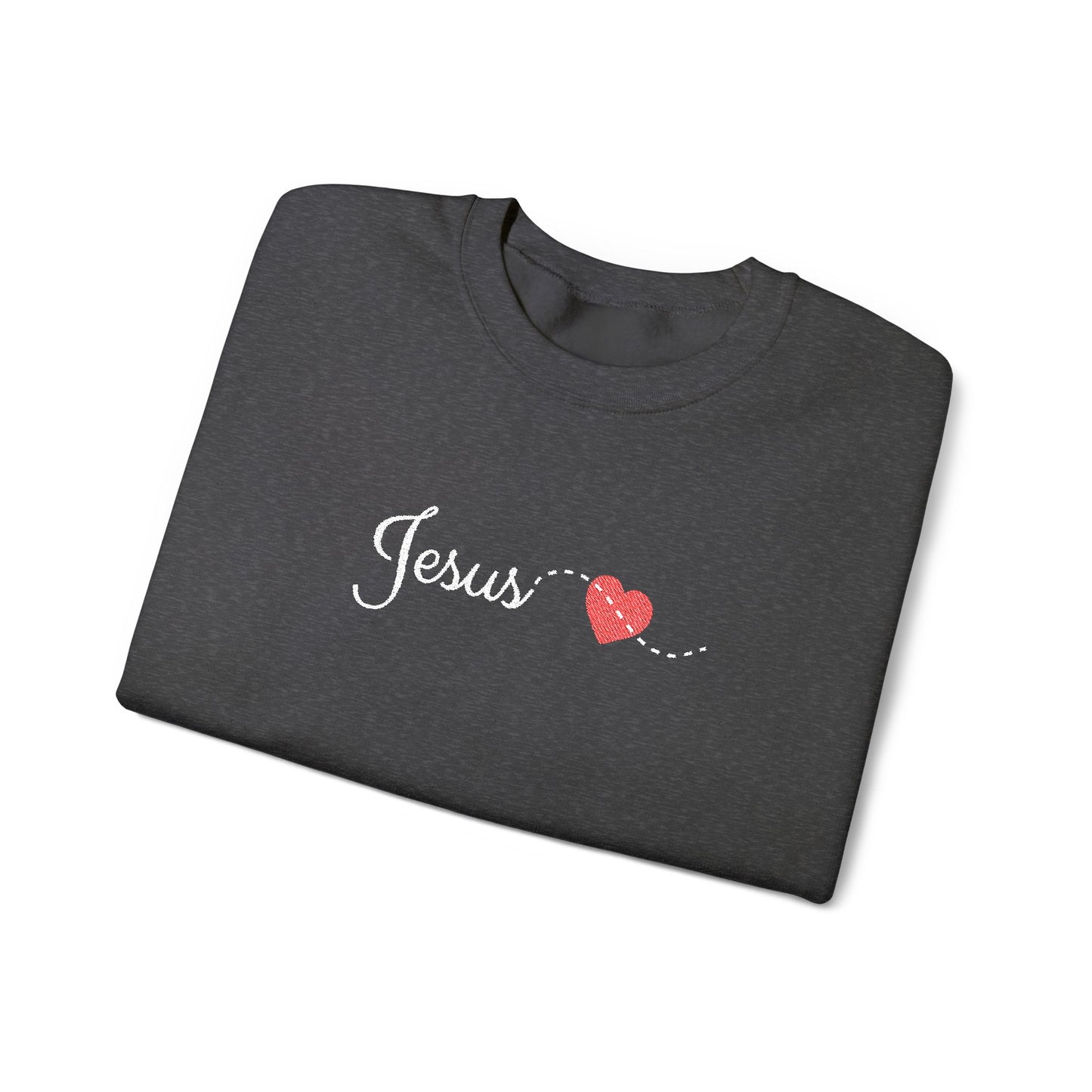 EMBROIDERY white Script Jesus with Stitched Heart – Embroidered soft Crewneck
