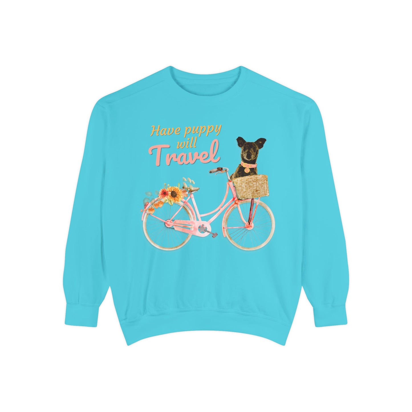 Cute FALL floral Have Puppy will Travel shirt with adorable puppy in Bicycle basket ready to go for a ride