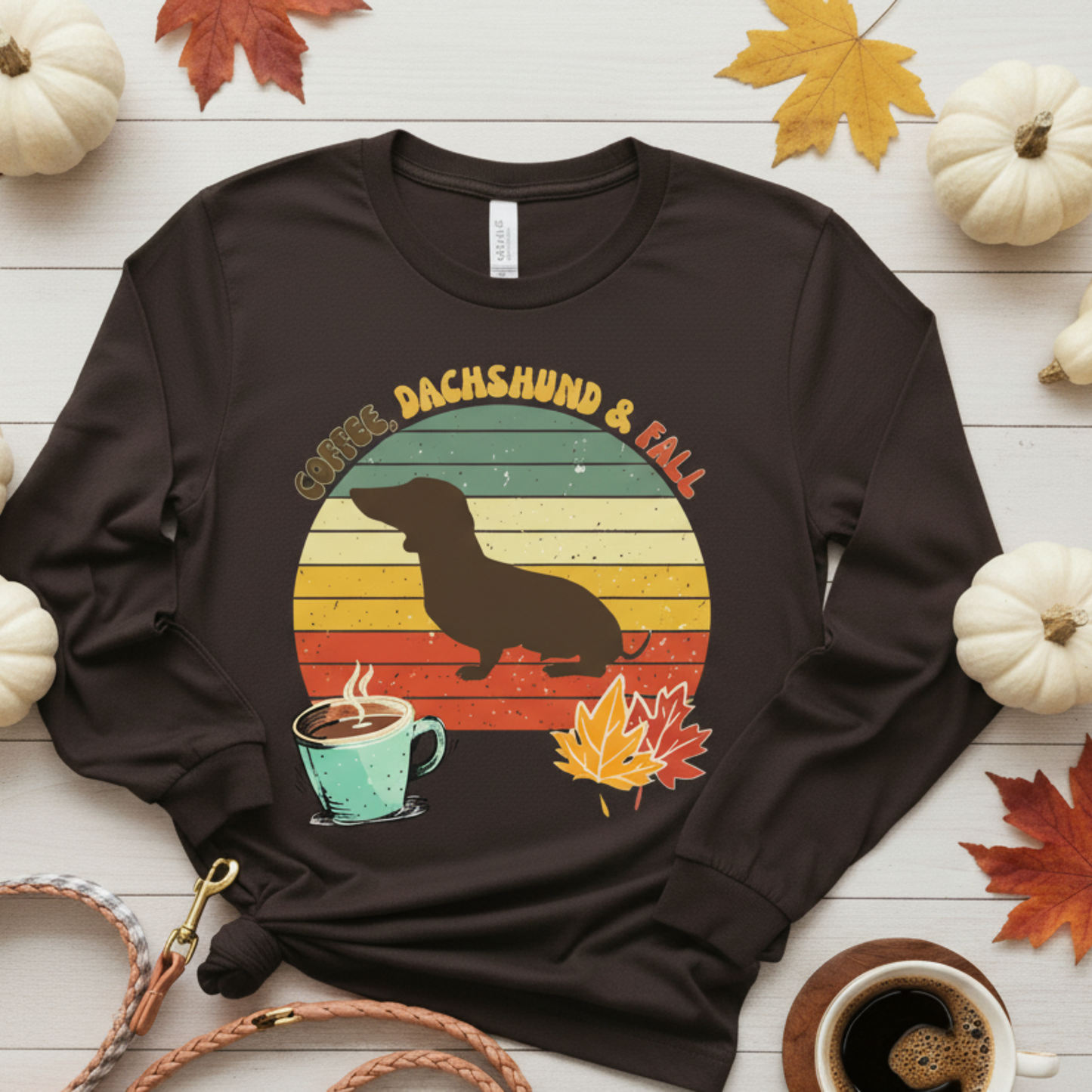 Retro Dachshund Long Sleeve Tee Coffee Dachshunds and Fall