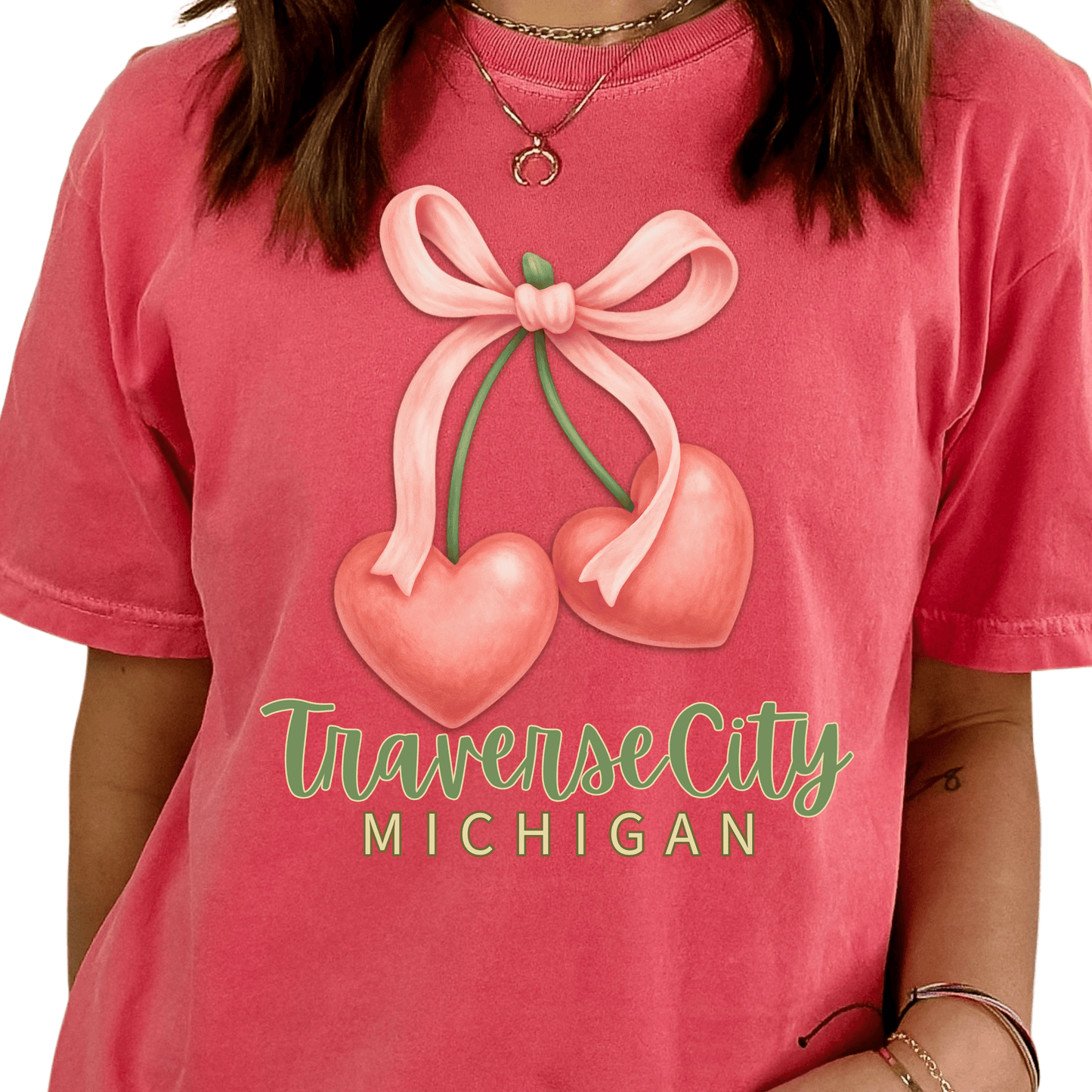 Traverse City Michigan Coquette Cherry Hearts T-Shirt Comfort Colors