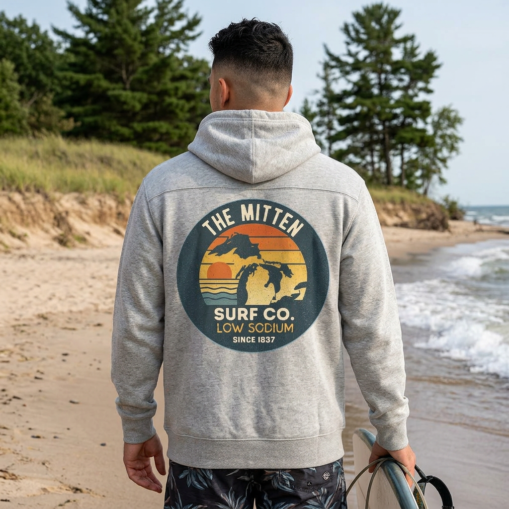 Mitten Surf Co. "Low Sodium Since 1837" Long Sleeve Hoodie — Two‑Tone Michigan Surf Sweatshirt