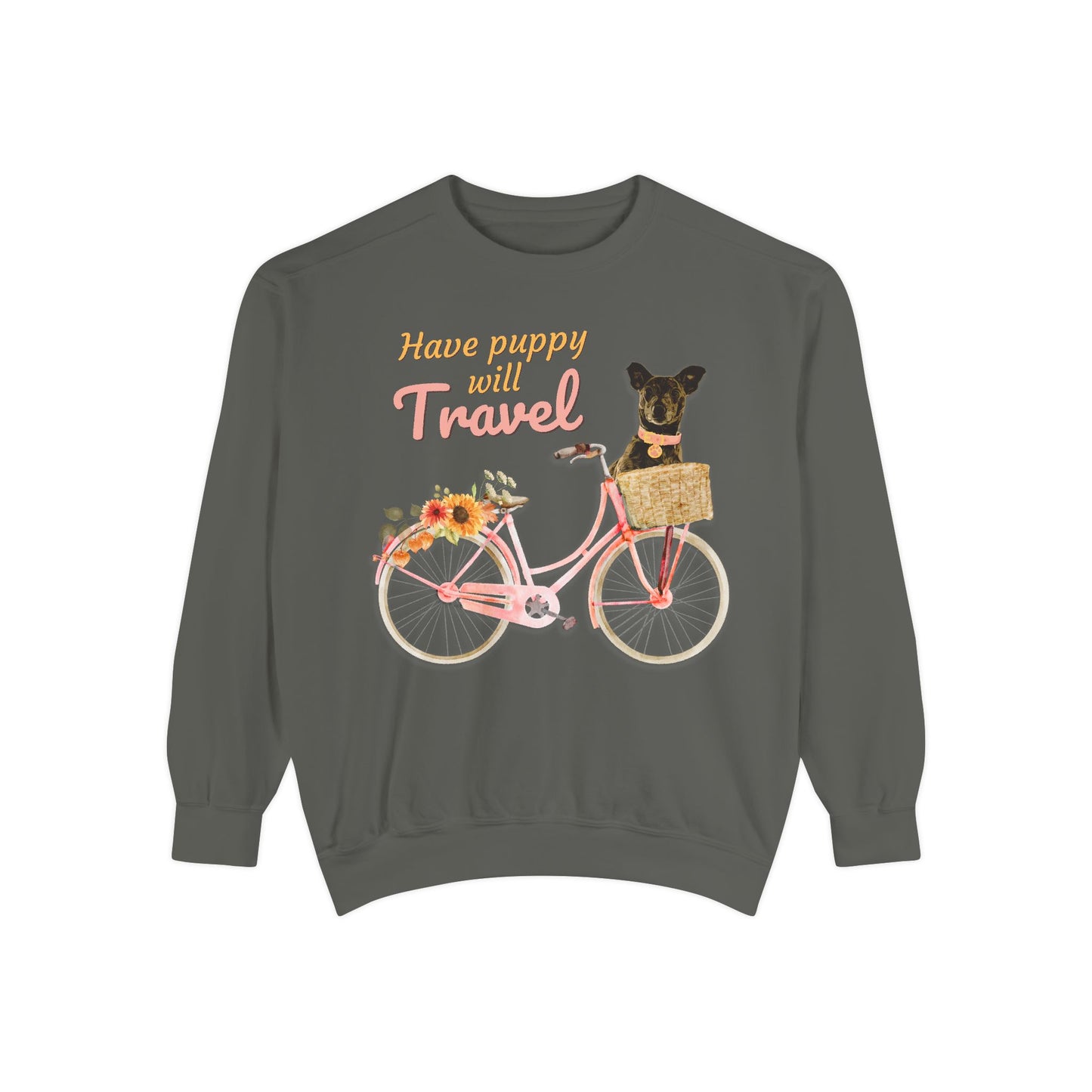 Cute FALL floral Have Puppy will Travel shirt with adorable puppy in Bicycle basket ready to go for a ride