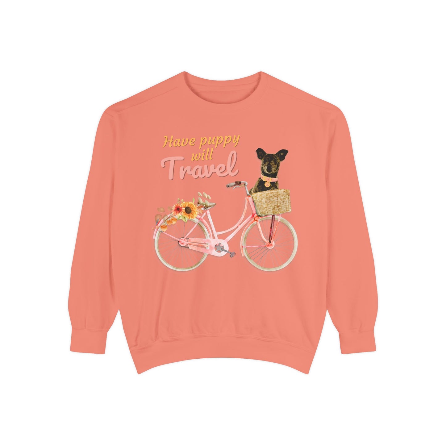 Cute FALL floral Have Puppy will Travel shirt with adorable puppy in Bicycle basket ready to go for a ride
