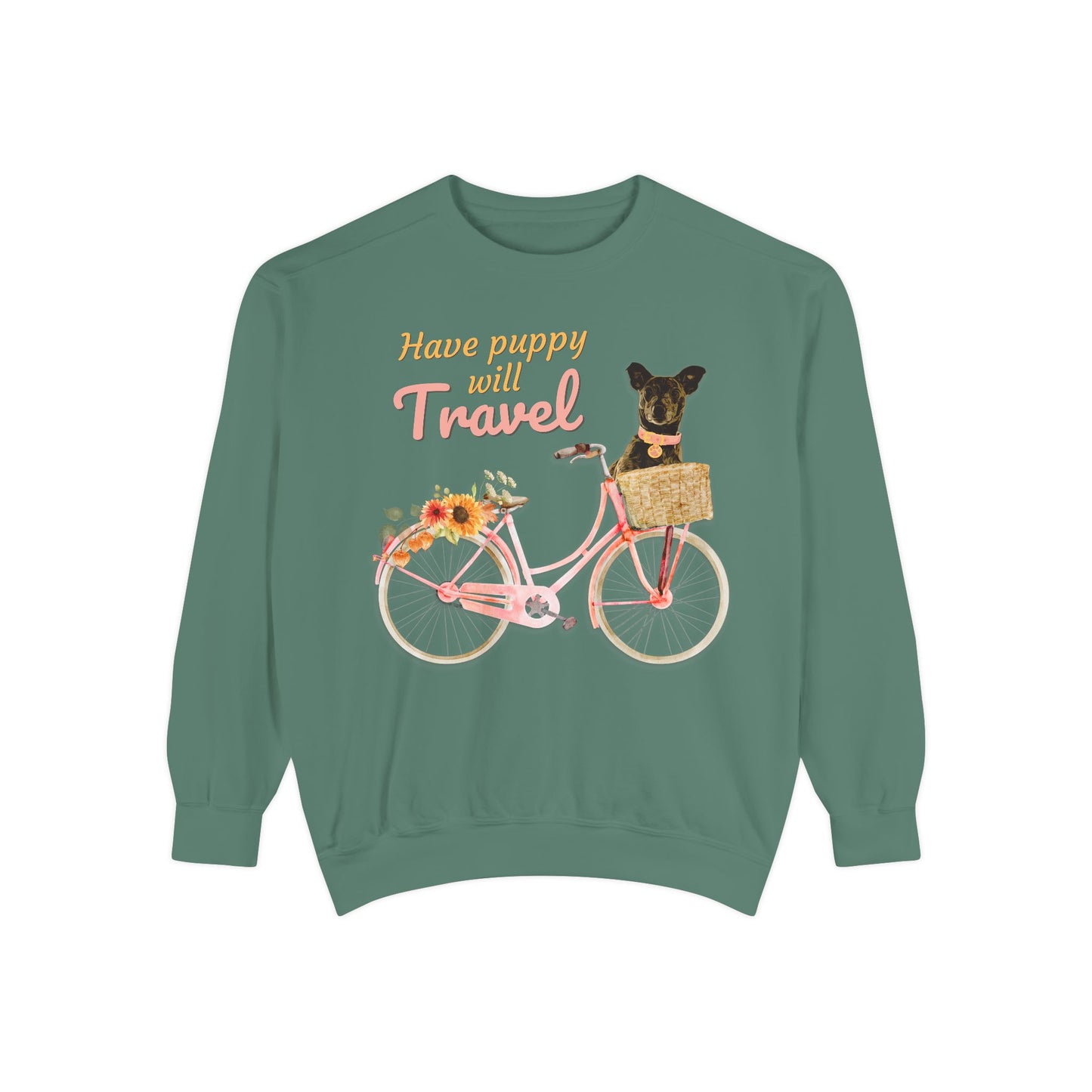 Cute FALL floral Have Puppy will Travel shirt with adorable puppy in Bicycle basket ready to go for a ride