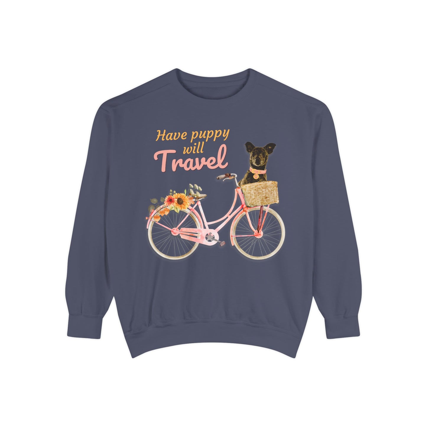 Cute FALL floral Have Puppy will Travel shirt with adorable puppy in Bicycle basket ready to go for a ride