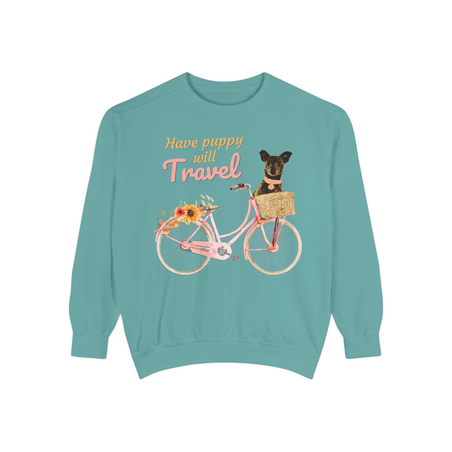 Cute FALL floral Have Puppy will Travel shirt with adorable puppy in Bicycle basket ready to go for a ride