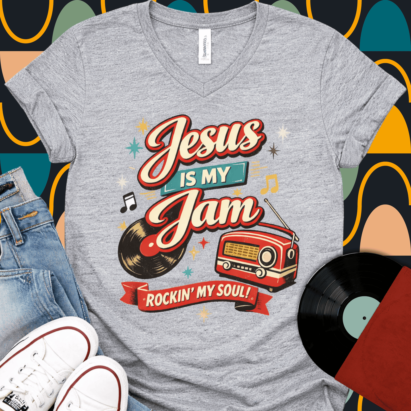Jesus Is My Jam V-Neck Tee — Retro Christian Music Graphic Shirt