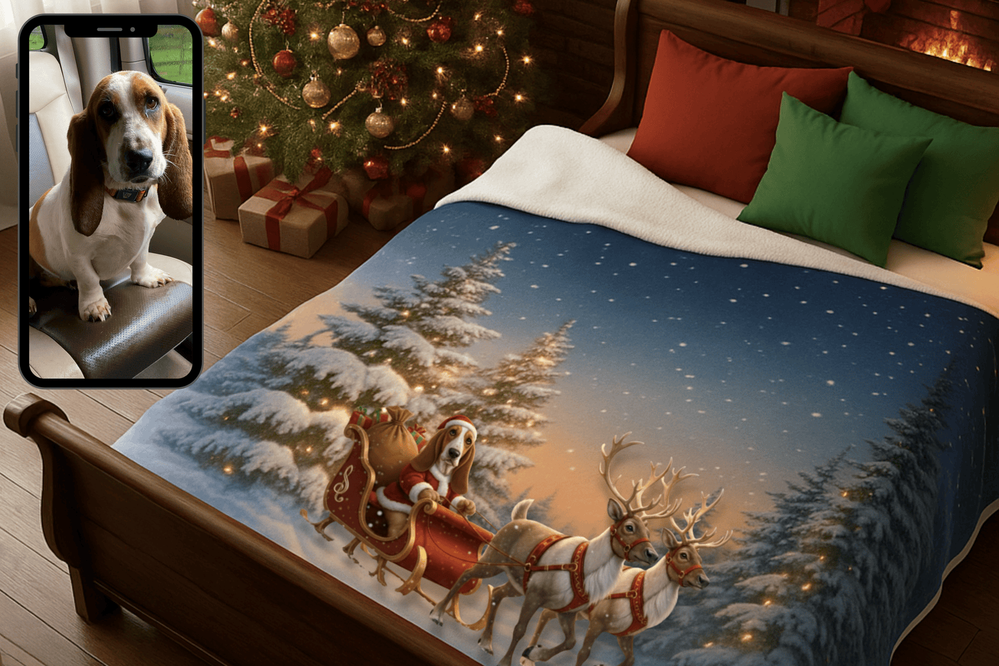 CUSTOM Holiday Blanket with YOUR PUP as Santa in a sleigh cozy blanket gift for Dog lovers