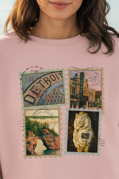 Michigan Vintage Stamp Style Sweatshirt Detroit highlight designed only for NotorieTEES