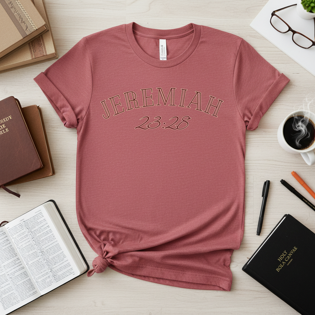 Jeremiah 23:28 Heather Red Mockup with College Books and Bible