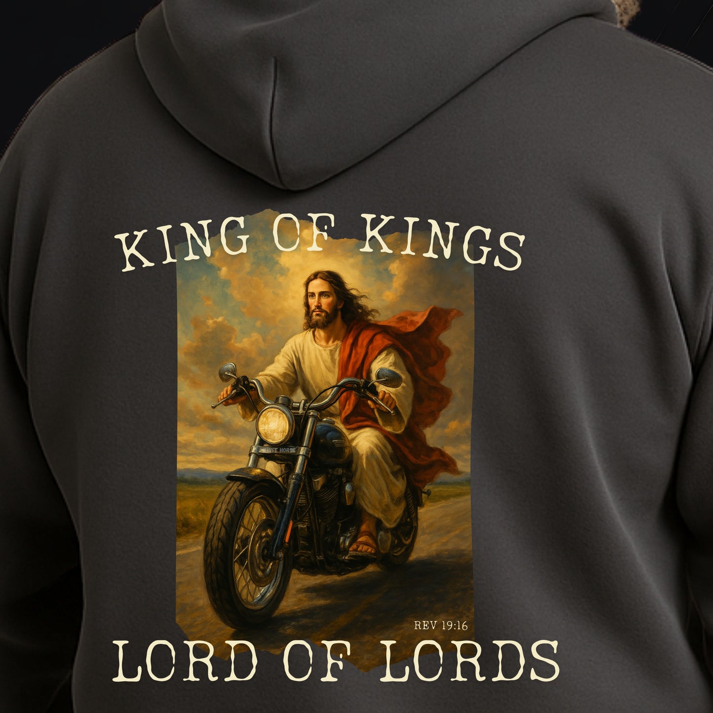 King of Kings Christian Hoodie with Jesus on motorcycle returning