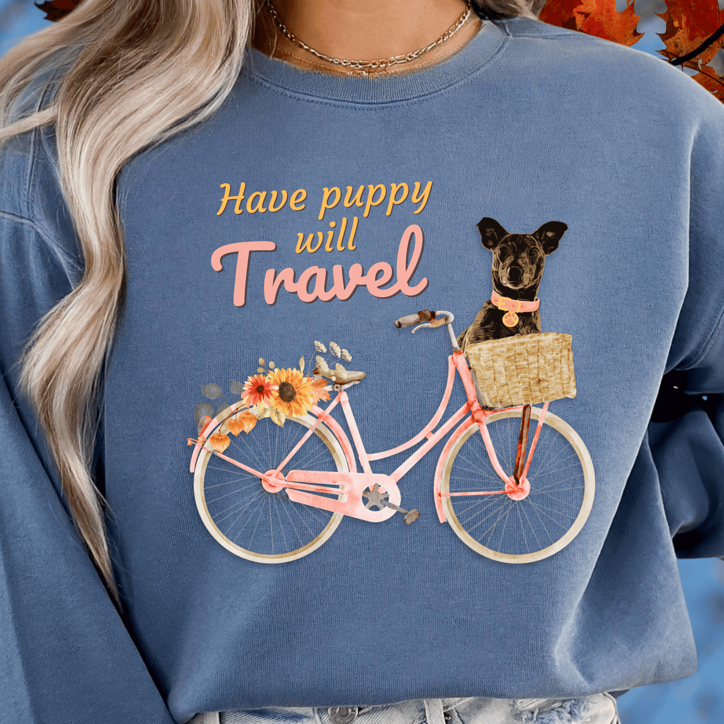Cute FALL floral Have Puppy will Travel shirt with adorable puppy in Bicycle basket ready to go for a ride