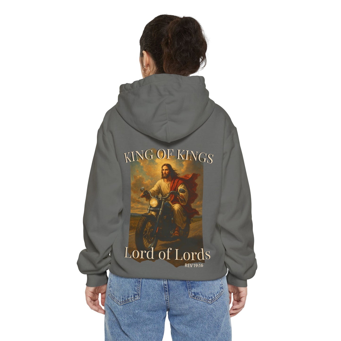 King of Kings Christian Hoodie with Jesus on motorcycle returning
