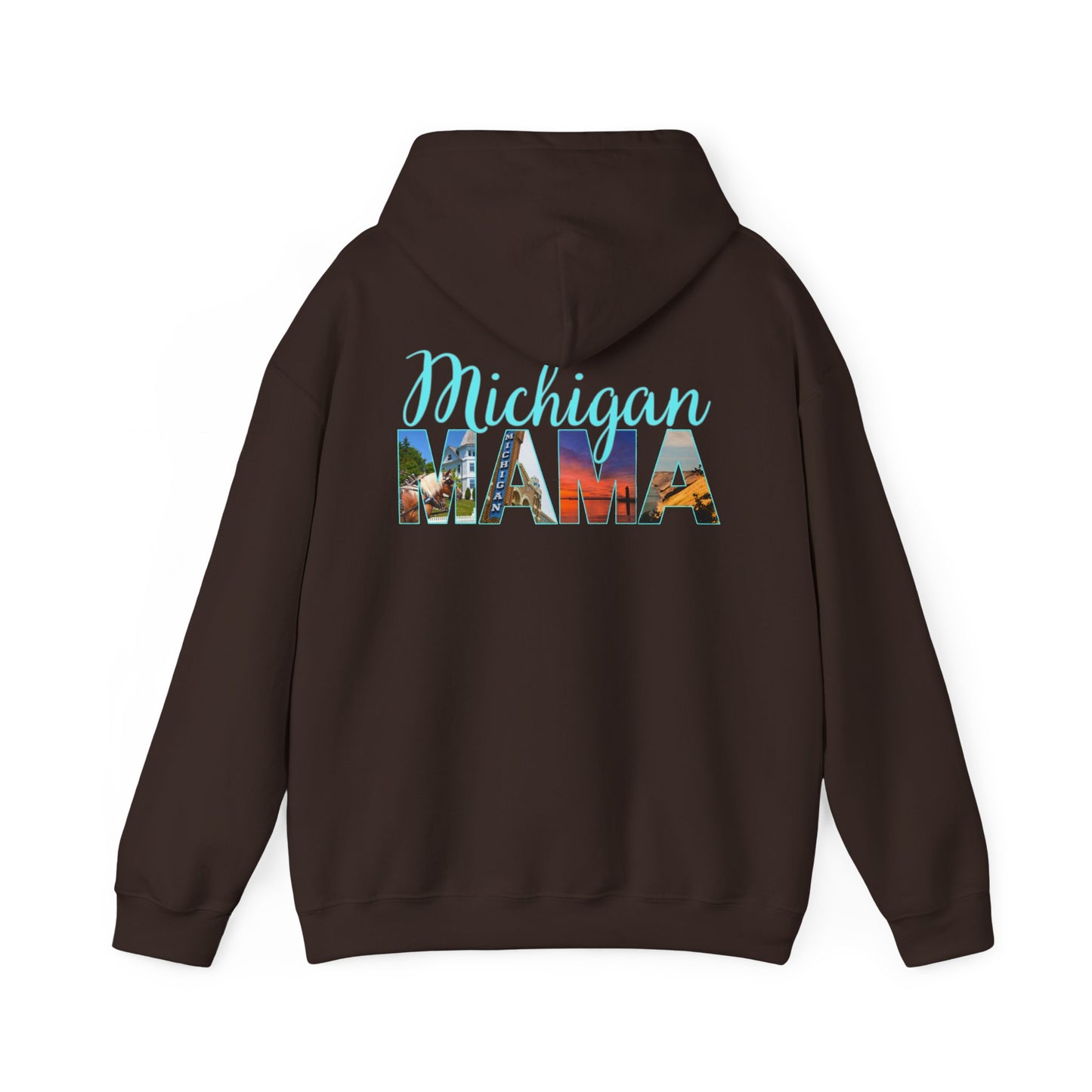 Michigan Mama Hoodie - Back Print Teal Blue script font and photos of cities in Michigan - Summer Version