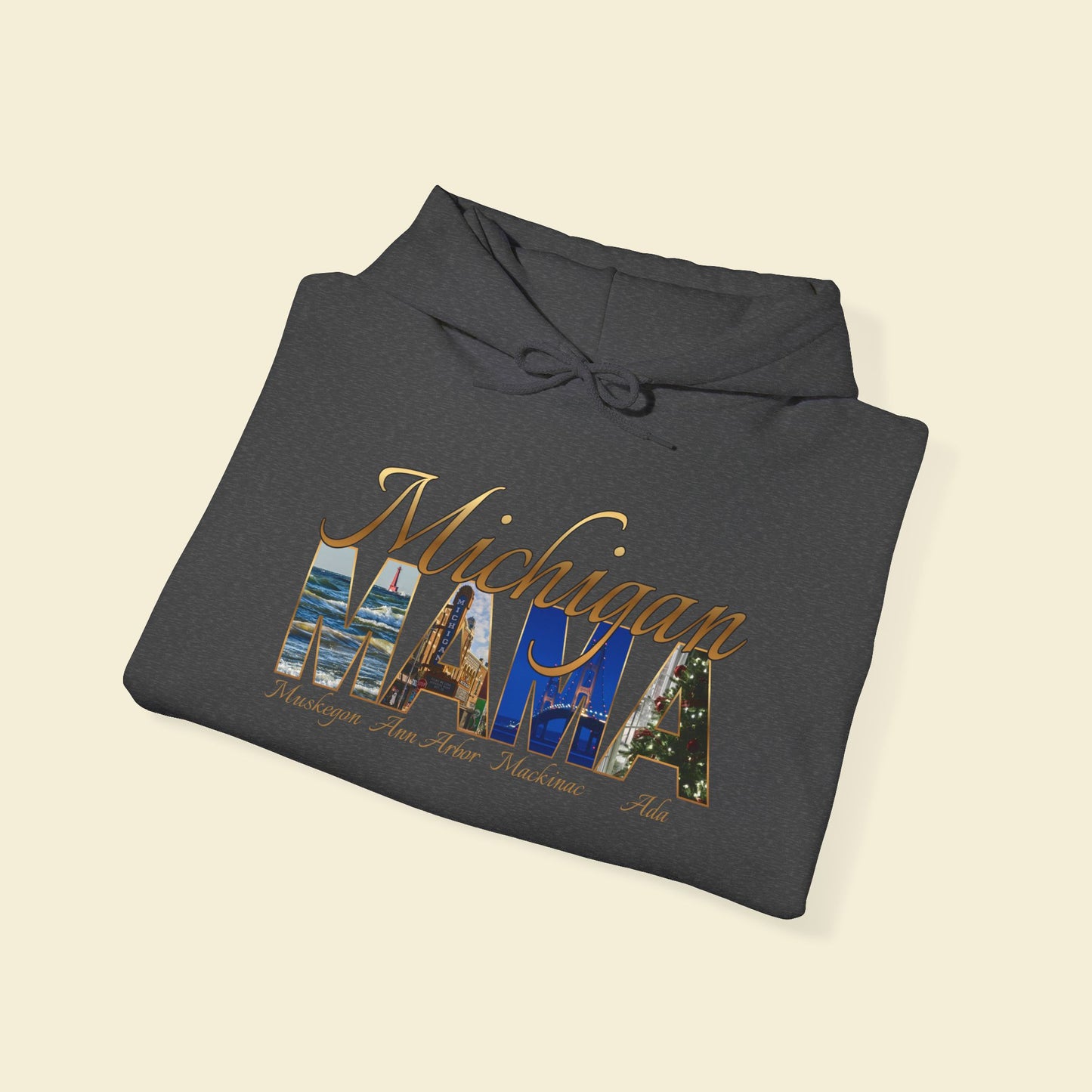 Michigan Mama Hoodie - Rich golden script font and photos of cities in Michigan with a winter vibe for the holidays