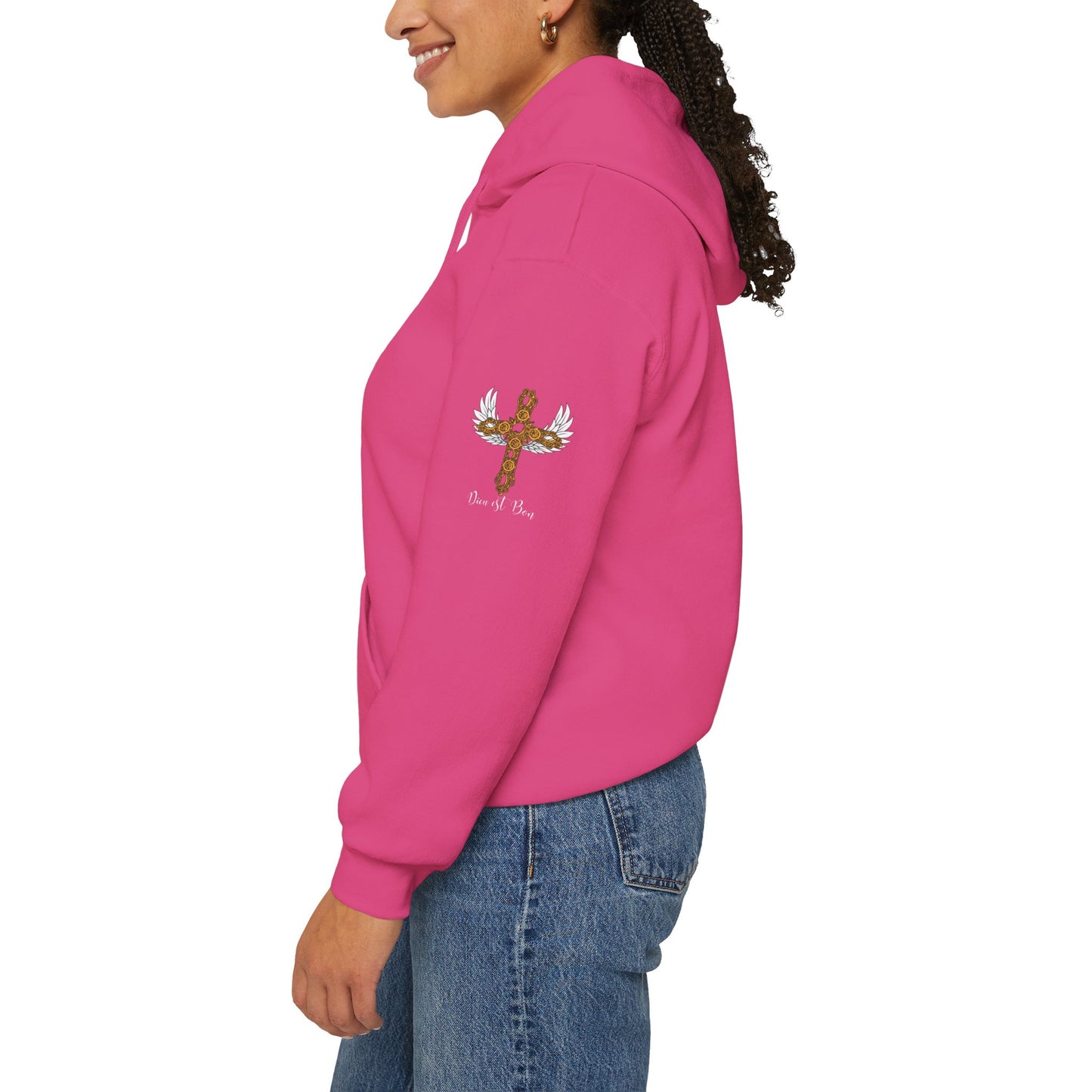 Dieu est Bon God is Good Hoodie with famous Faith Statement.  Gold Cross with white wings