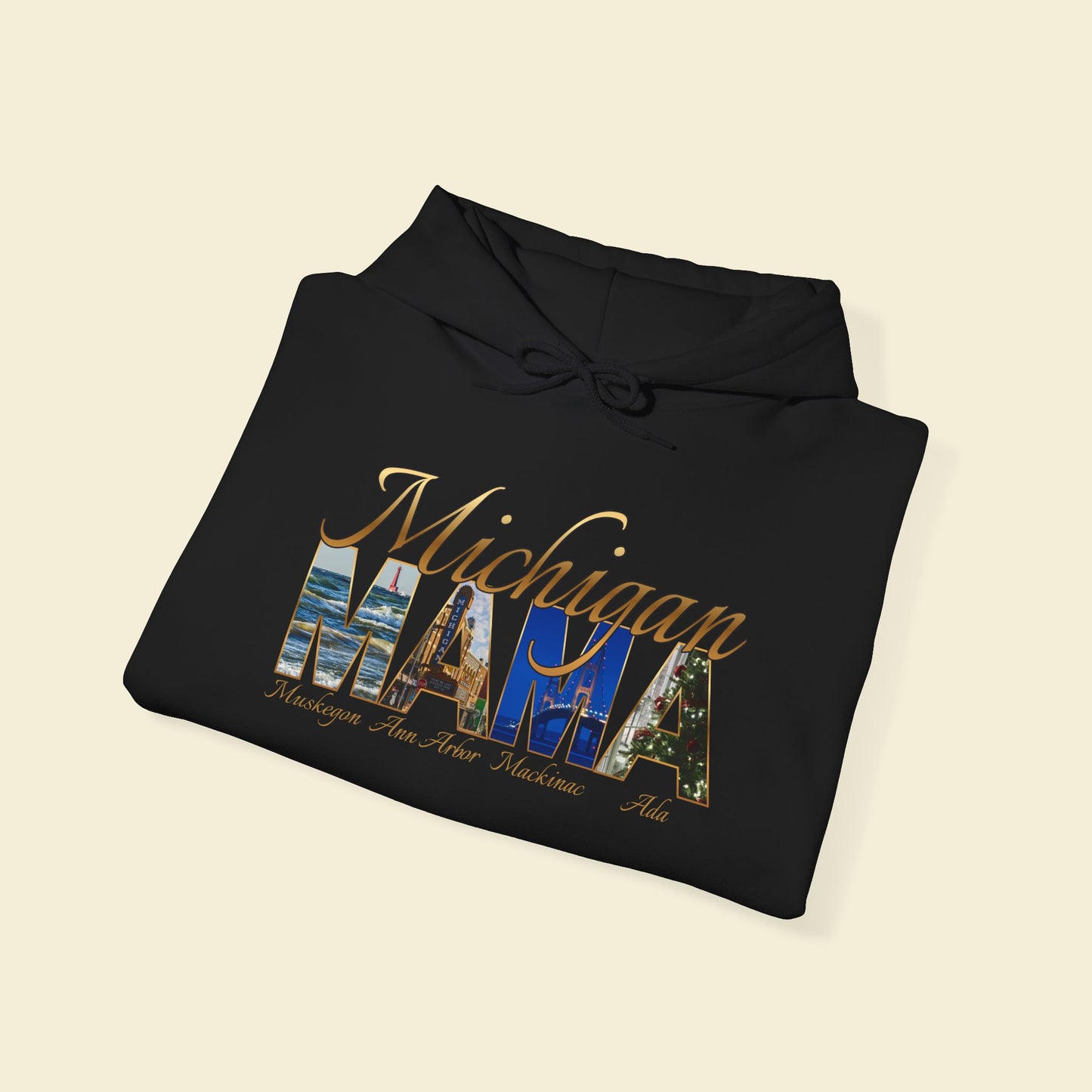 Michigan Mama Hoodie - Rich golden script font and photos of cities in Michigan with a winter vibe for the holidays