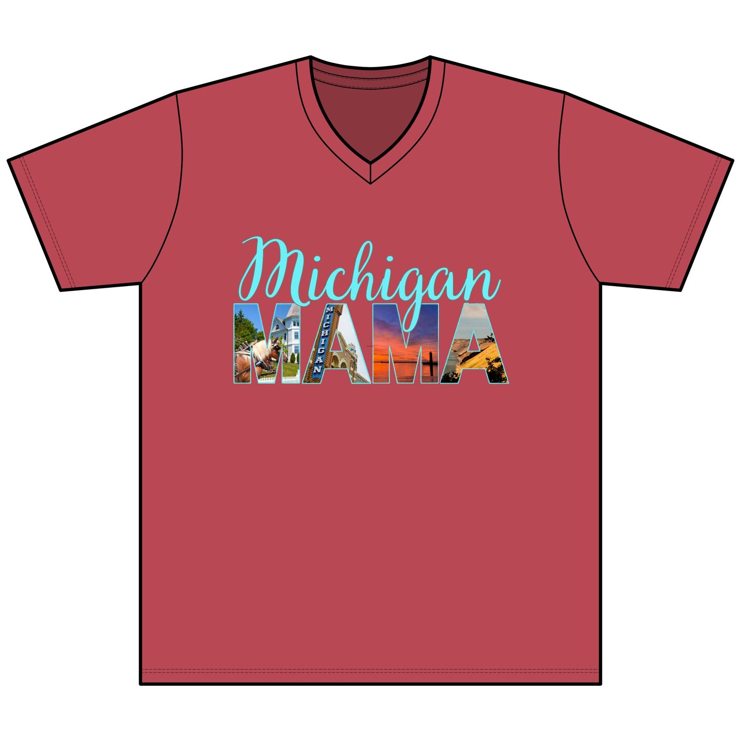 Michigan Mama V-Neck T-Shirt — Script 'Michigan' & Photo-Block 'Mama' Tee