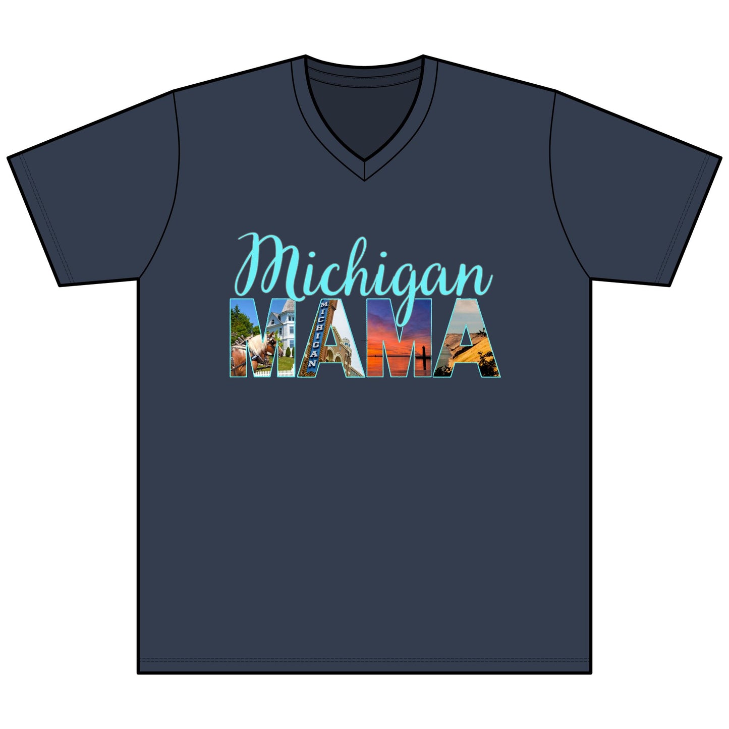 Michigan Mama V-Neck T-Shirt — Script 'Michigan' & Photo-Block 'Mama' Tee