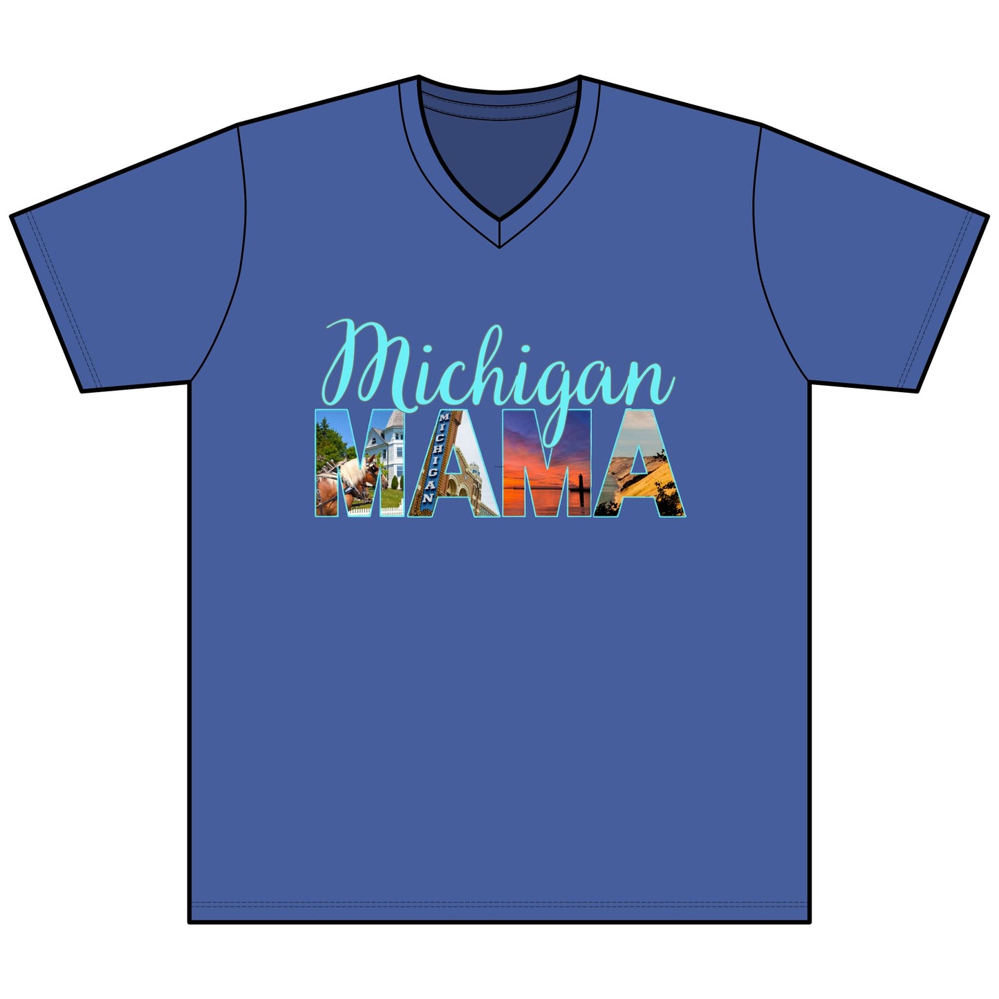 Michigan Mama V-Neck T-Shirt — Script 'Michigan' & Photo-Block 'Mama' Tee