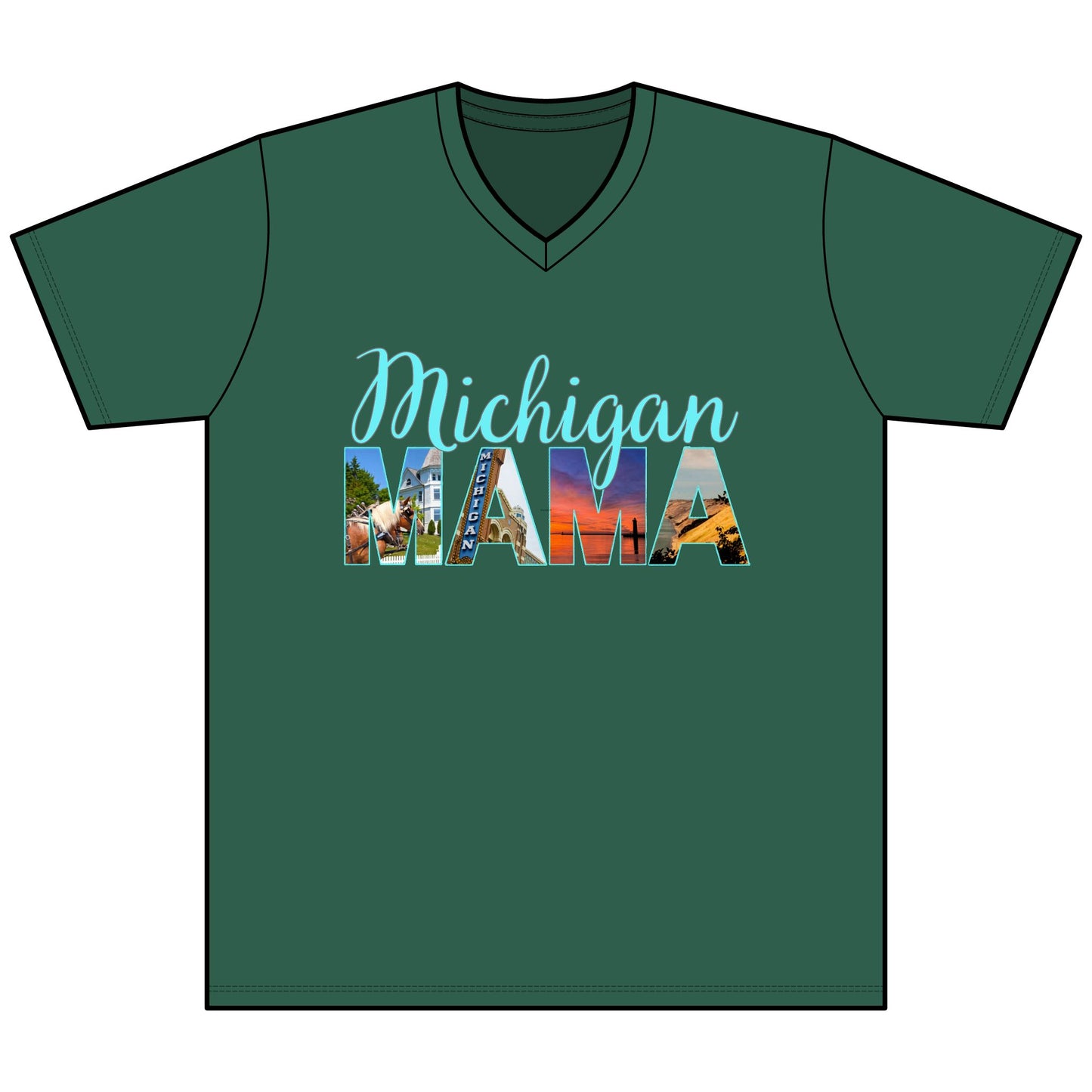 Michigan Mama V-Neck T-Shirt — Script 'Michigan' & Photo-Block 'Mama' Tee