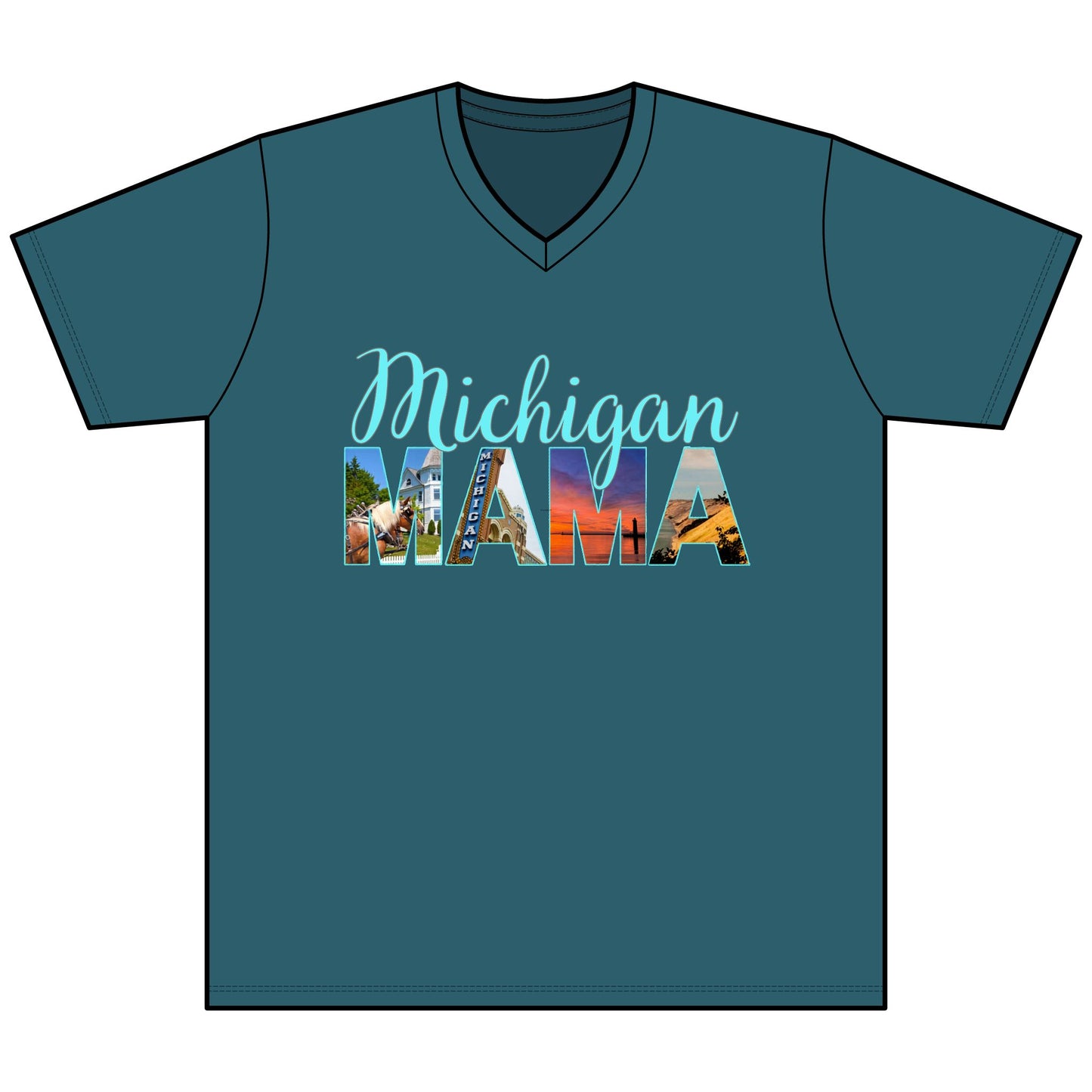 Michigan Mama V-Neck T-Shirt — Script 'Michigan' & Photo-Block 'Mama' Tee