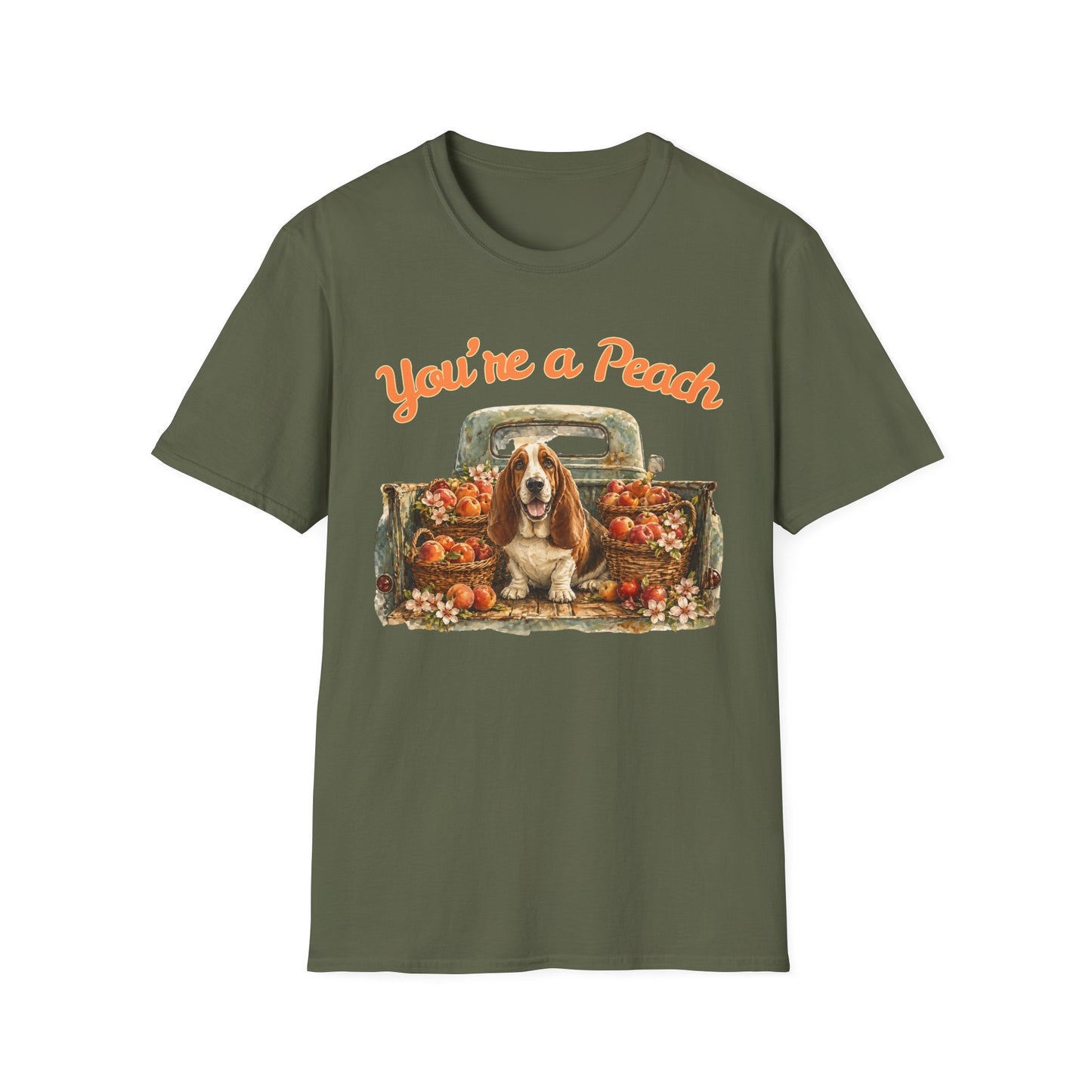 You're a Peach T-Shirt — Vintage Truck, Baskets of Peaches & Sweet Bassett Hound