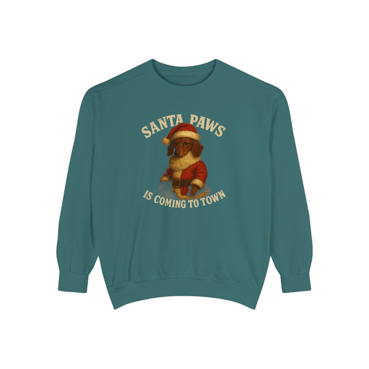 Santa Paws is Coming to Town Dachshund Comfort Colors sweater – Cute Puppy in Santa Hat Christmas Sweatshirt