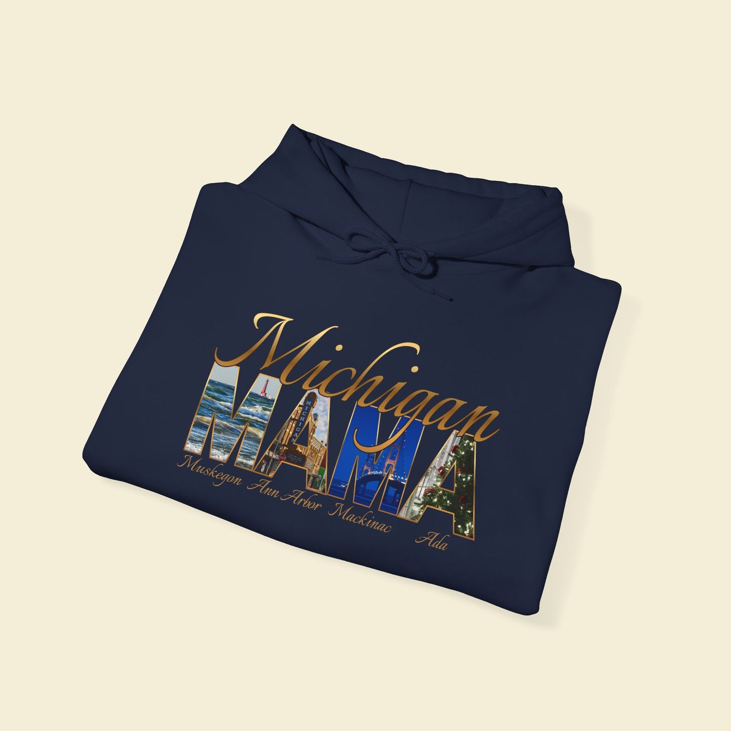 Michigan Mama Hoodie - Rich golden script font and photos of cities in Michigan with a winter vibe for the holidays
