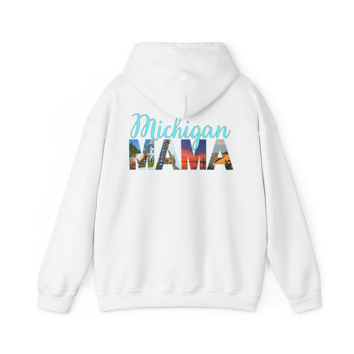Michigan Mama Hoodie - Back Print Teal Blue script font and photos of cities in Michigan - Summer Version
