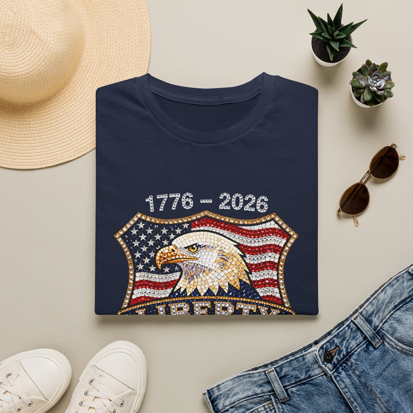 Patriotic Eagle USA Flag FAUX Glitter T-Shirt — 250 Year Celebration