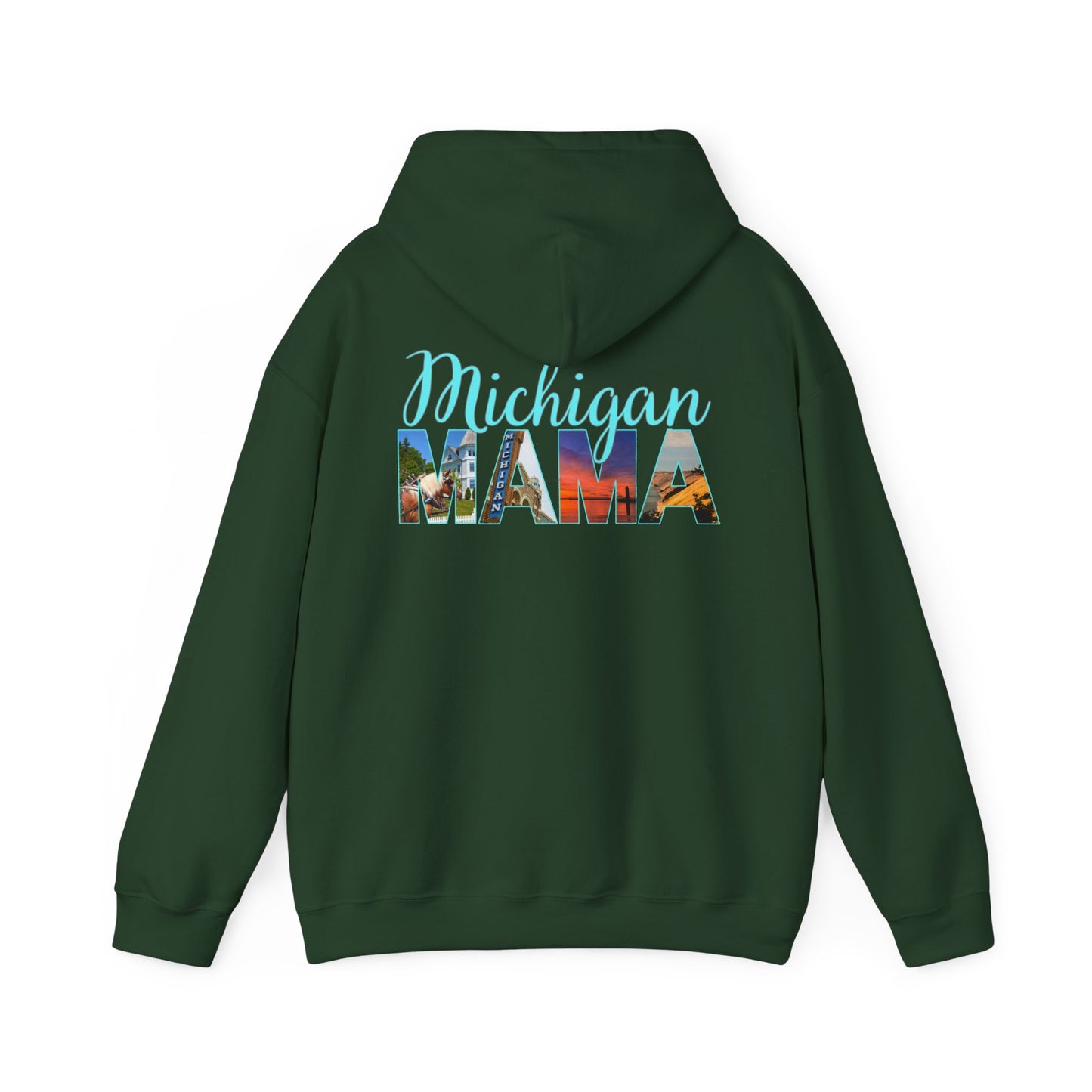 Michigan Mama Hoodie - Back Print Teal Blue script font and photos of cities in Michigan - Summer Version