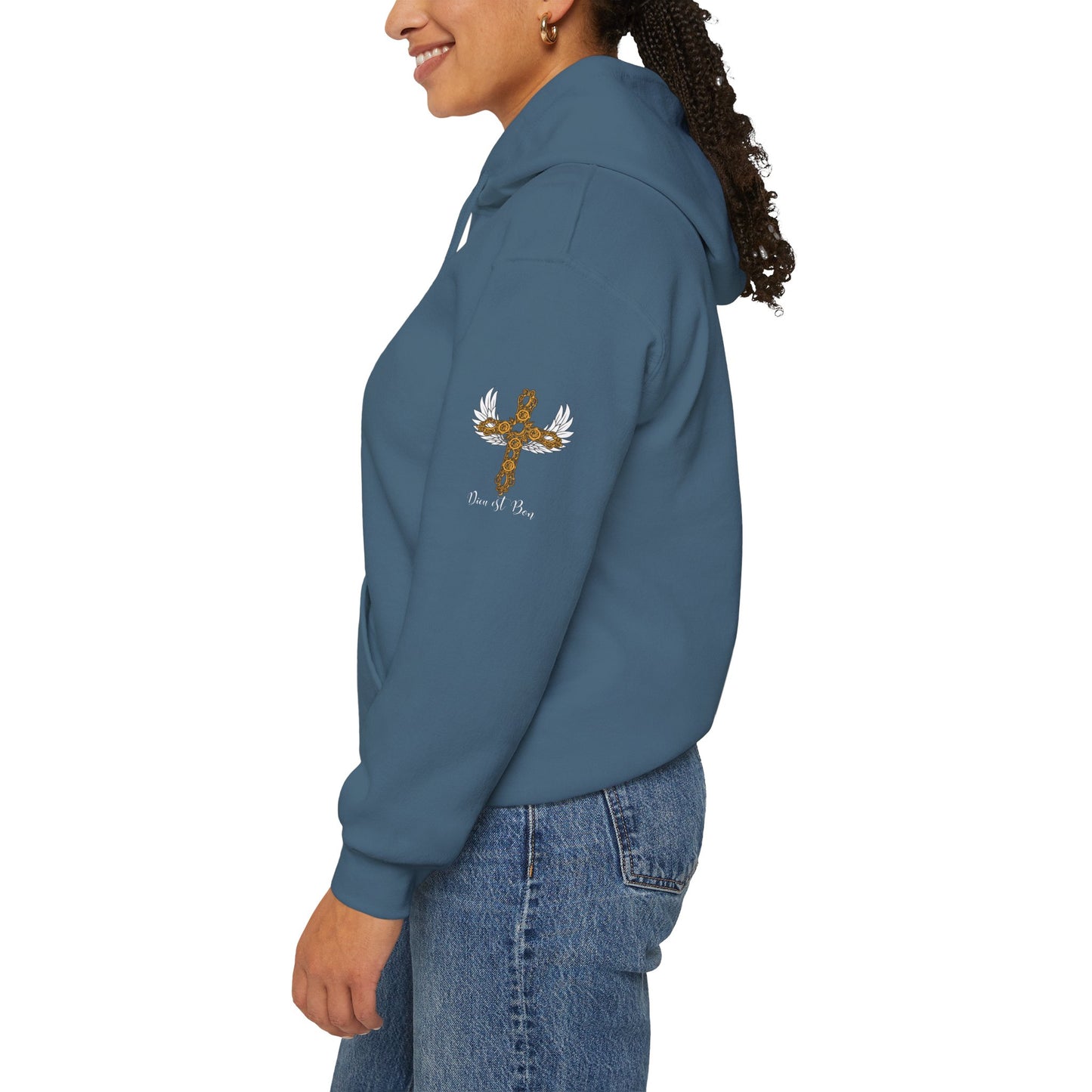 Dieu est Bon God is Good Hoodie with famous Faith Statement.  Gold Cross with white wings