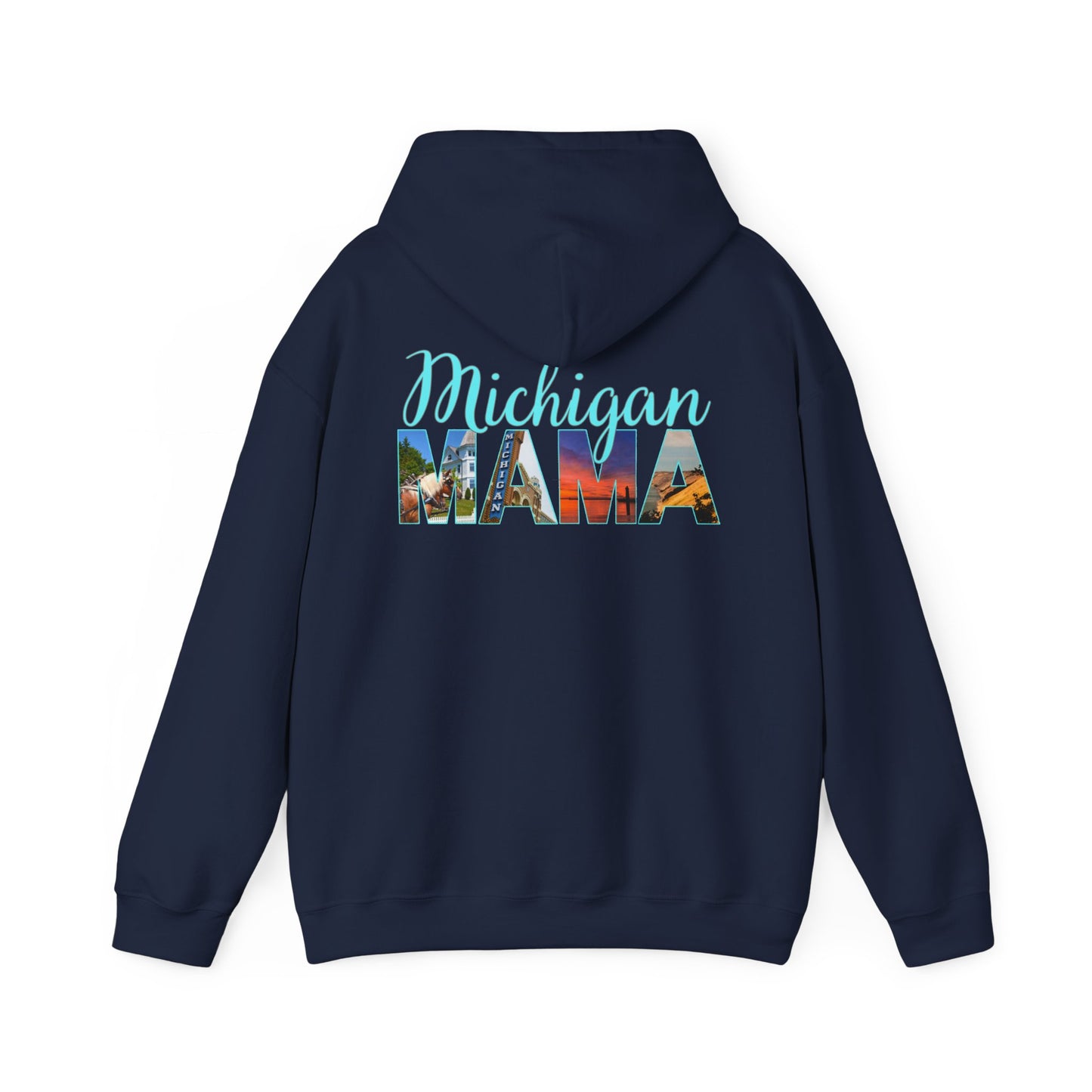 Michigan Mama Hoodie - Back Print Teal Blue script font and photos of cities in Michigan - Summer Version