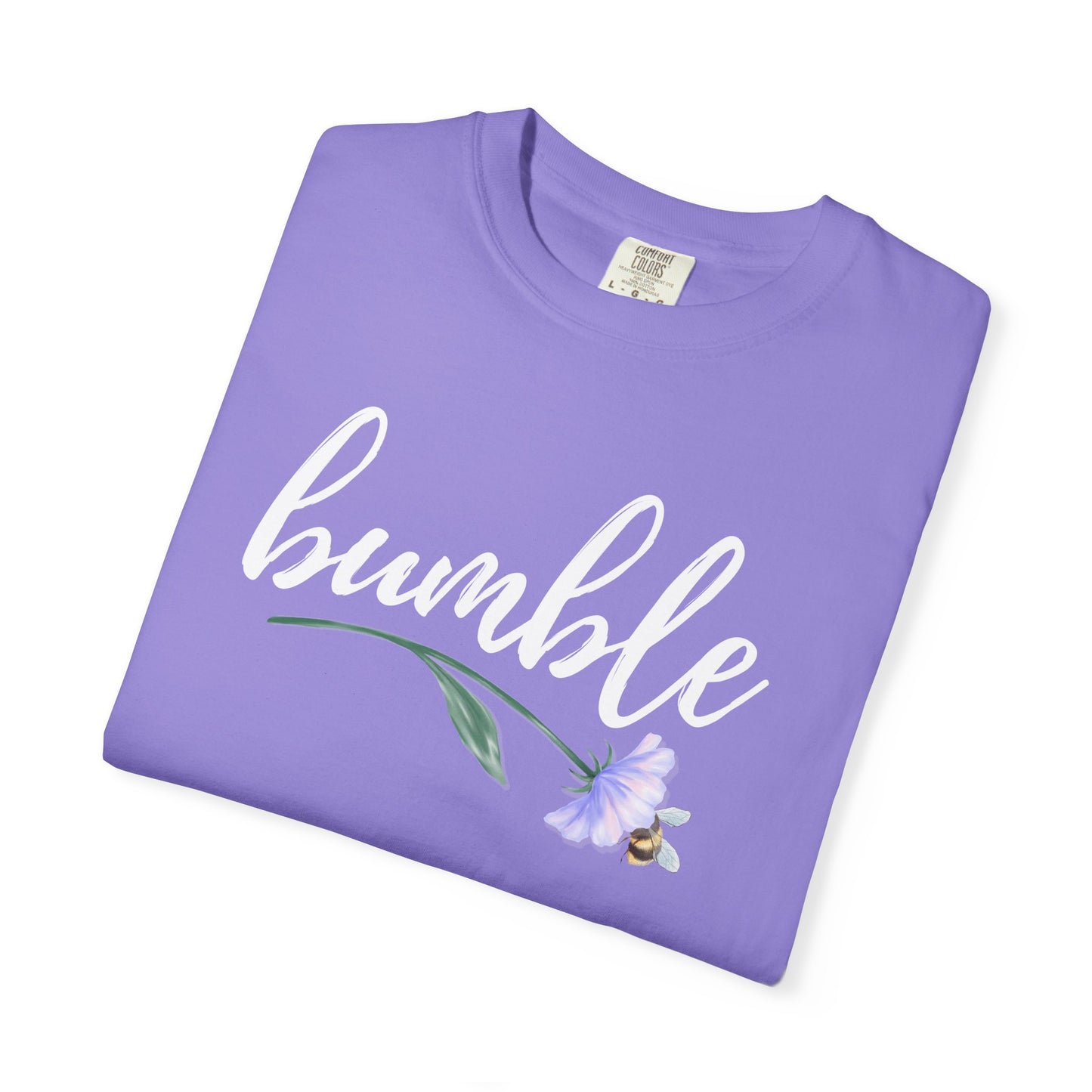 Sweet Bumble Bee with Flower Comfort Colors T-shirt | Script Bumblebee Design