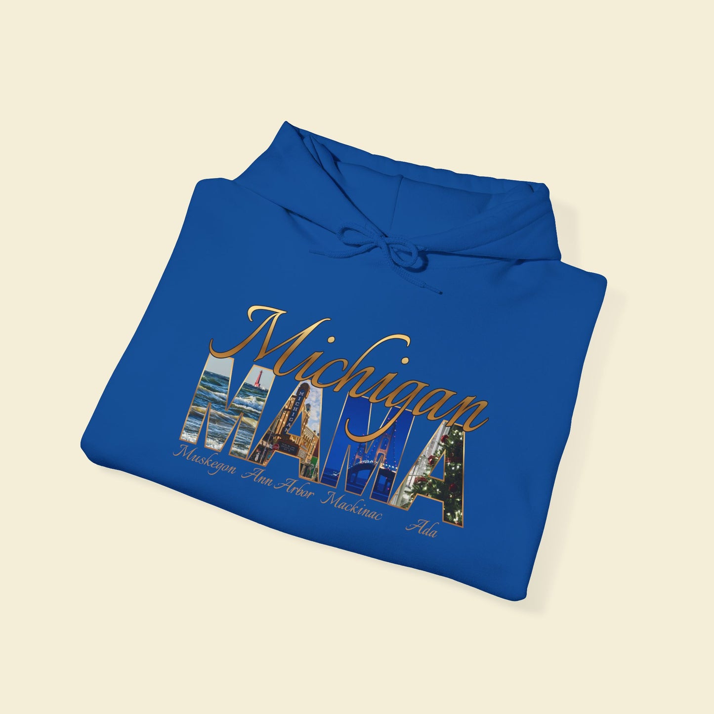 Michigan Mama Hoodie - Rich golden script font and photos of cities in Michigan with a winter vibe for the holidays