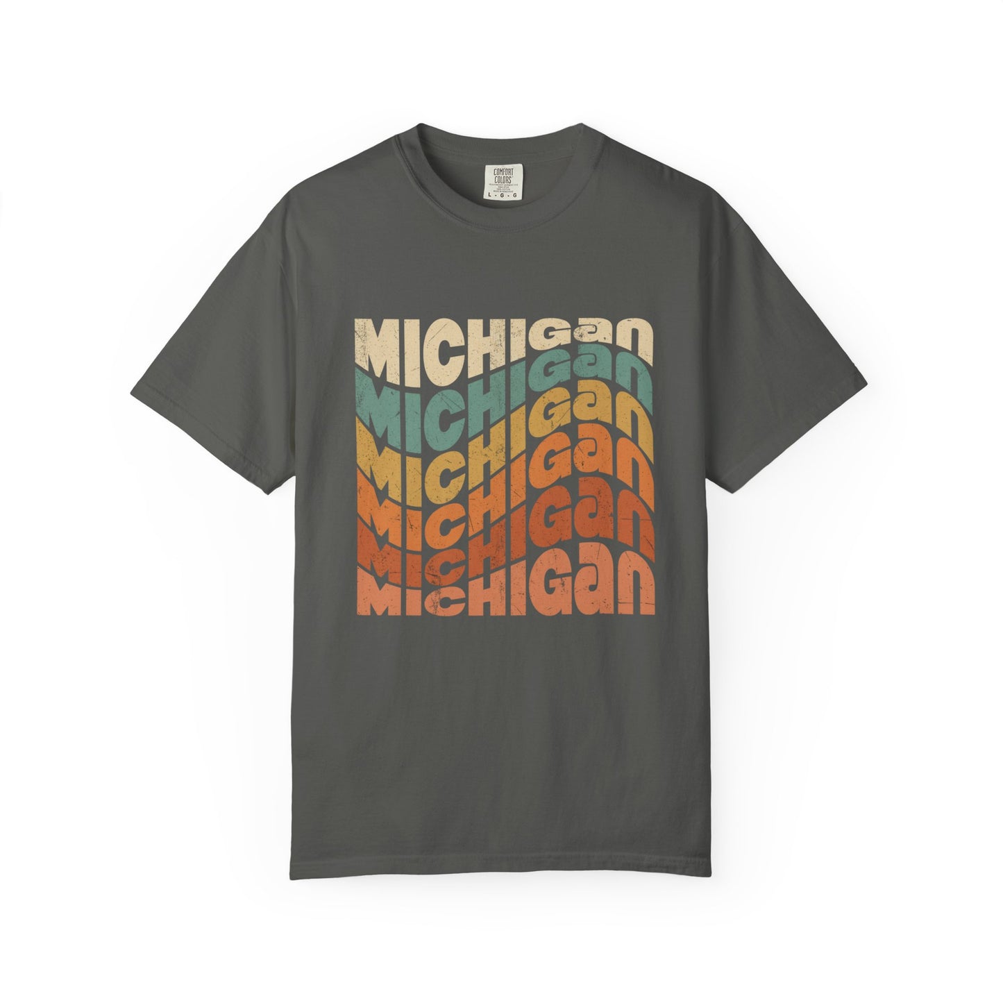 Michigan Wavy Text T-Shirt — Retro State Pride Garment-Dyed Tee for Great Lakes Locals