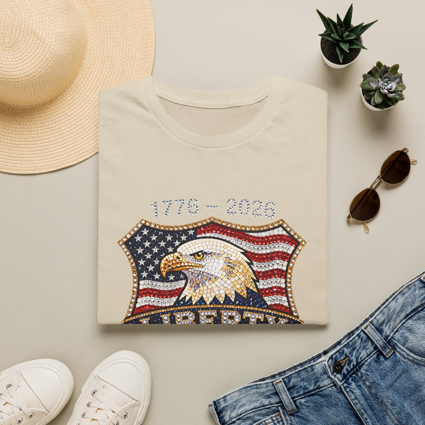 Patriotic Eagle USA Flag FAUX Glitter T-Shirt — 250 Year Celebration