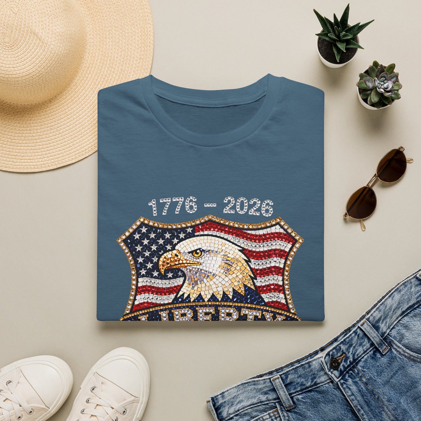 Patriotic Eagle USA Flag FAUX Glitter T-Shirt — 250 Year Celebration