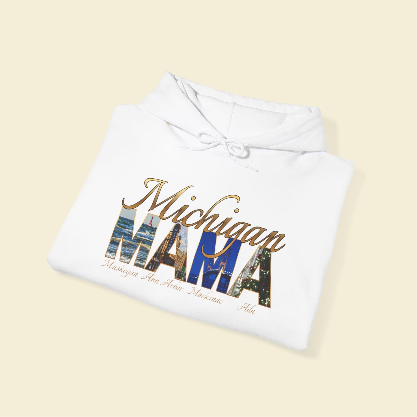 Michigan Mama Hoodie - Rich golden script font and photos of cities in Michigan with a winter vibe for the holidays