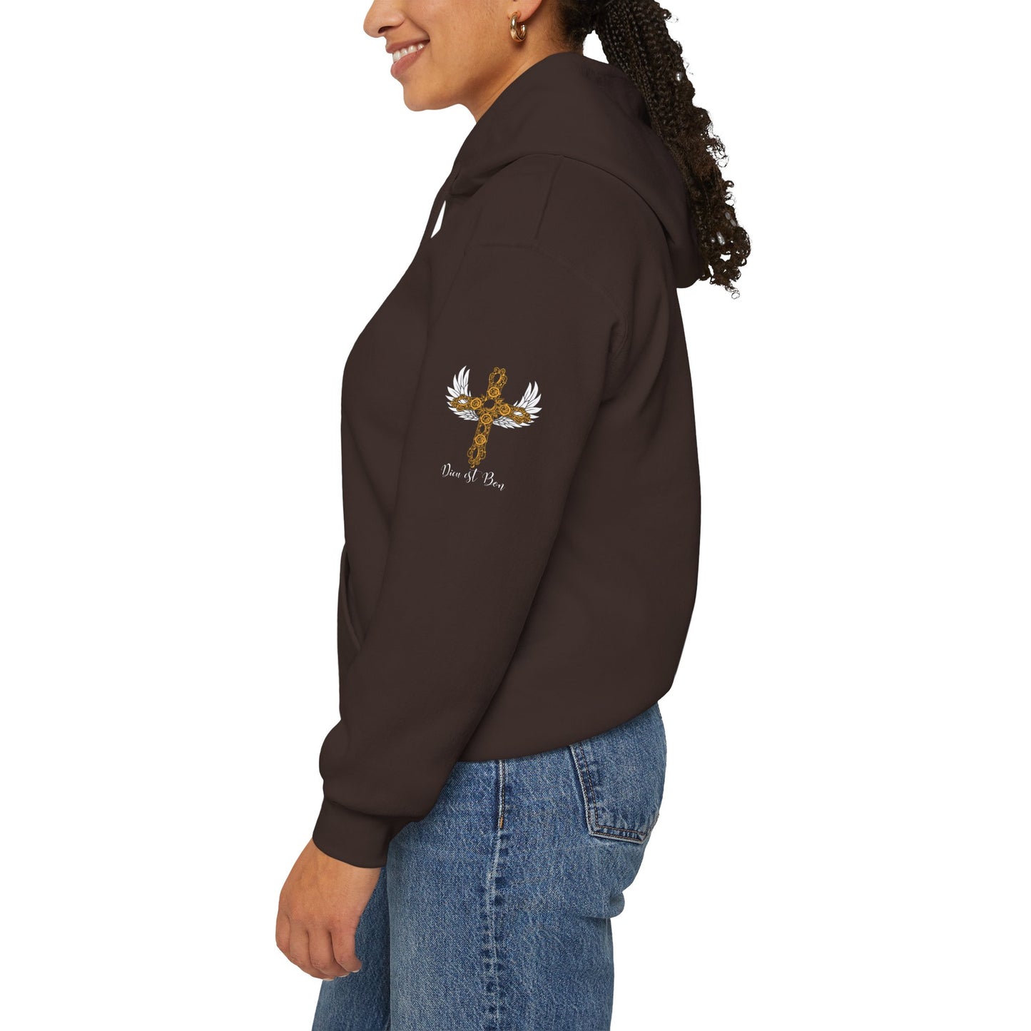 Dieu est Bon God is Good Hoodie with famous Faith Statement.  Gold Cross with white wings