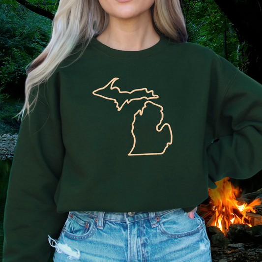 EMBROIDERY Outline of Michigan Map on Cozy Crewneck with lovely contrasting colors, Football Fans, Perfect for Tailgating, Great Gift for Michiganders,