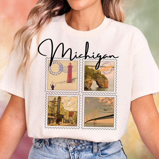 Michigan Stamps Tee, Vintage Vibe T-Shirt, Great Lakes Souvenir, Travel Apparel, Gift for Michiganders, Nature Lover Tee