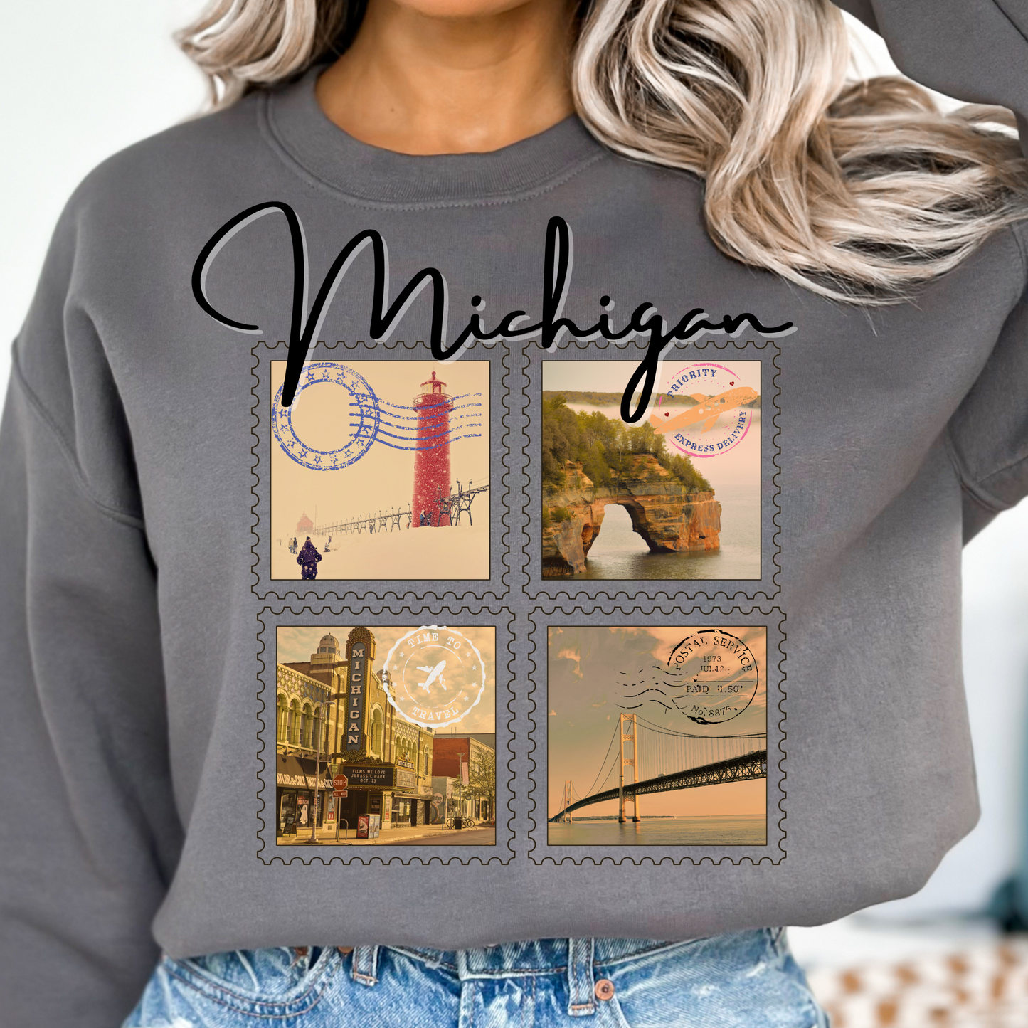 Michigan Vintage Stamp Style Sweatshirt designed only for NotorieTEES